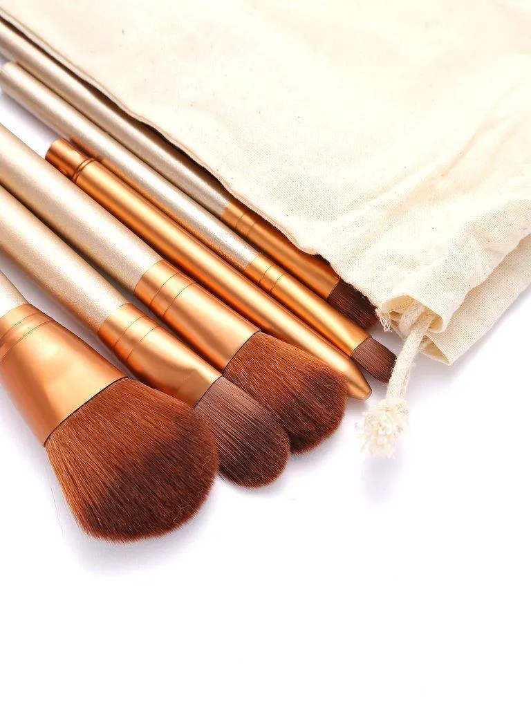 12Pcs Gold Professional Makeup Brush Set with Canvas Bag