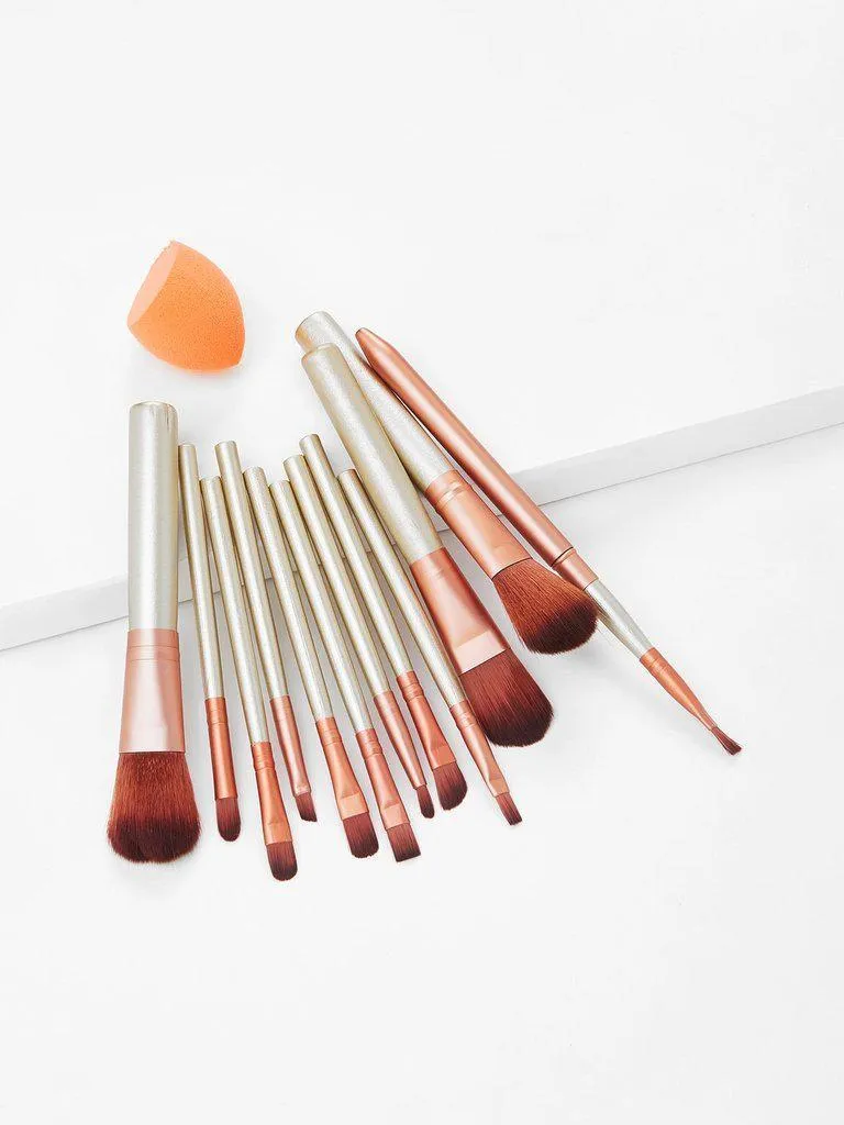 12Pcs Gold Professional Makeup Brush Set with Canvas Bag