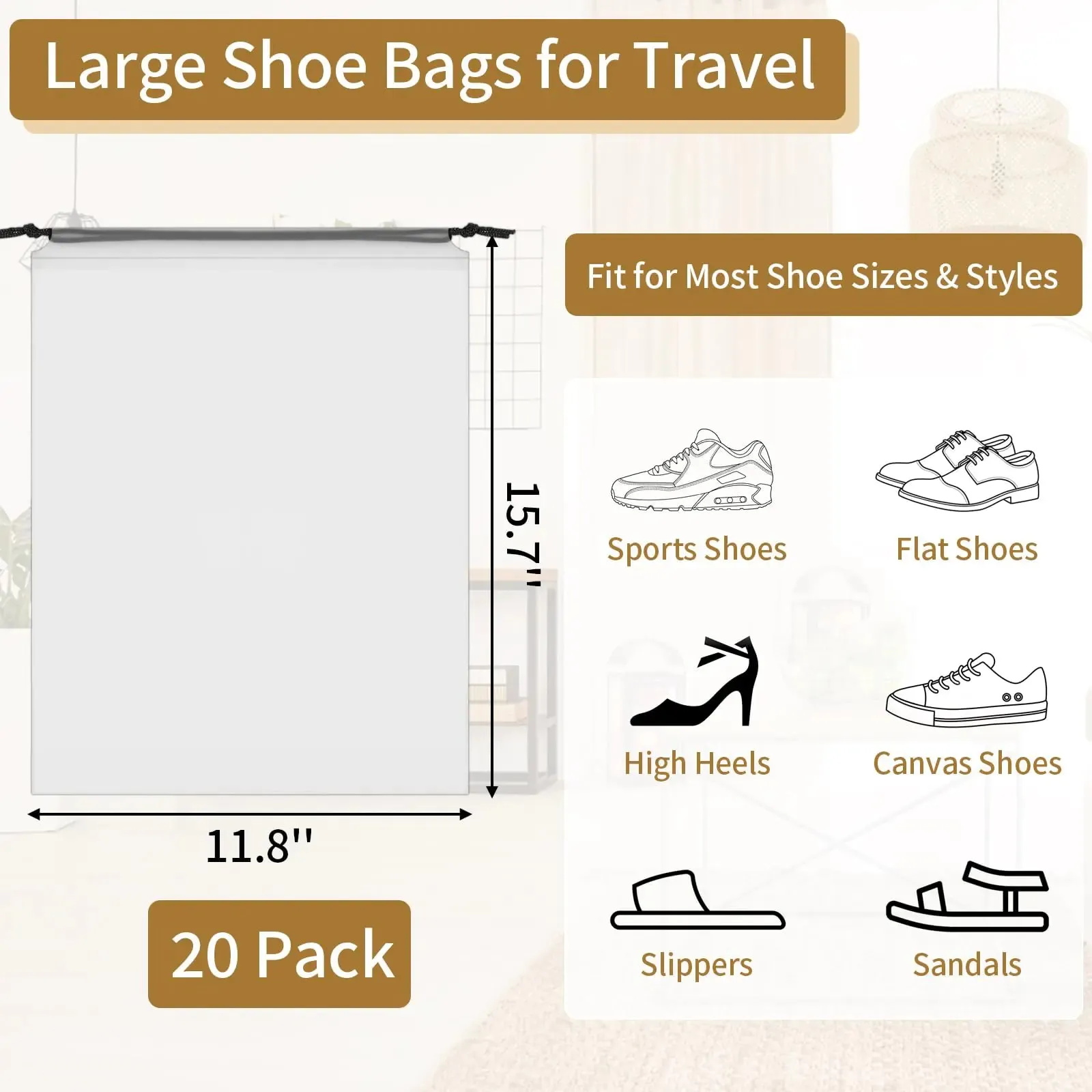 20 Pack Shoe Bags for Travel, 15.7" x 11.8" Clear Travel Shoe Bags for Packing, Large Waterproof Portable Drawstring Travel Shoe Storage Bag Travel Essentials Women for and Men