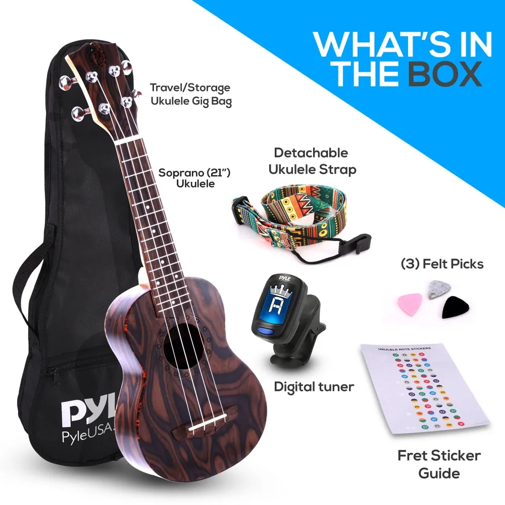 21'' Inch Wooden Soprano Ukulele Kit - Middle-Grade 4-String Ukulele With Handy Digital Tuner, Strap, Finger Guide, 3 Spare Picks & Gig Bag