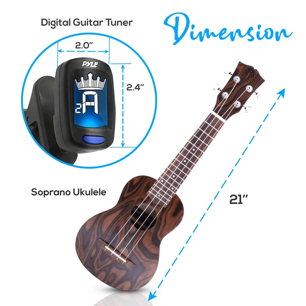 21'' Inch Wooden Soprano Ukulele Kit - Middle-Grade 4-String Ukulele With Handy Digital Tuner, Strap, Finger Guide, 3 Spare Picks & Gig Bag