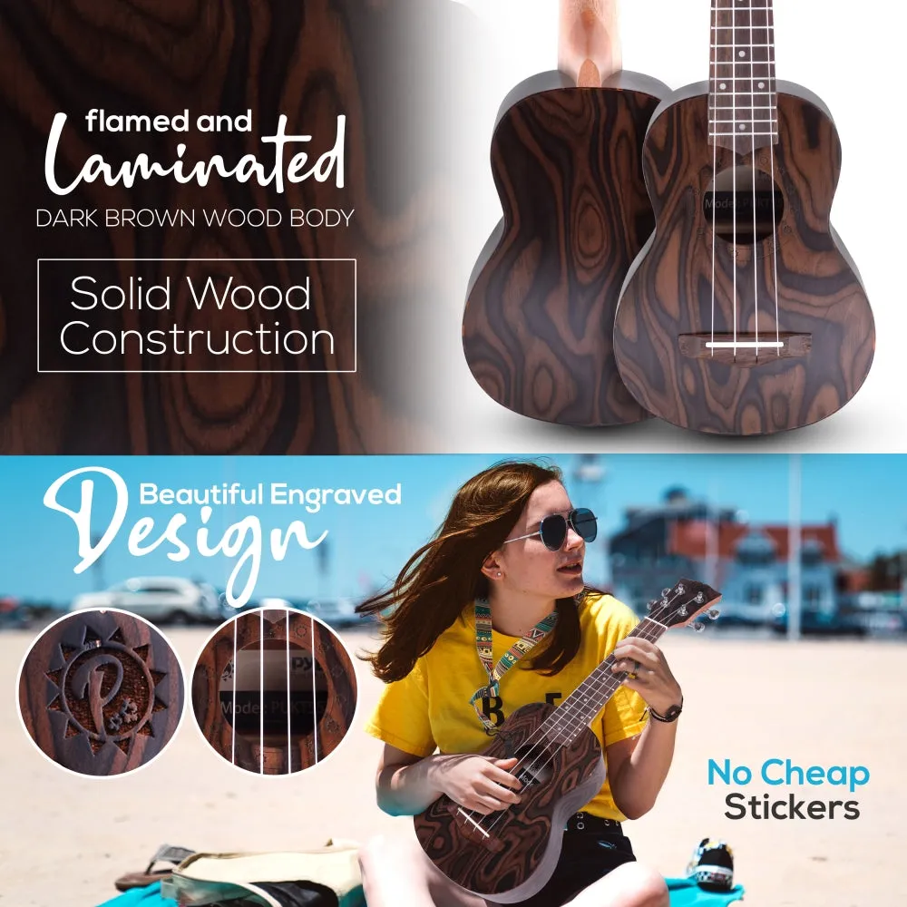 21'' Inch Wooden Soprano Ukulele Kit - Middle-Grade 4-String Ukulele With Handy Digital Tuner, Strap, Finger Guide, 3 Spare Picks & Gig Bag