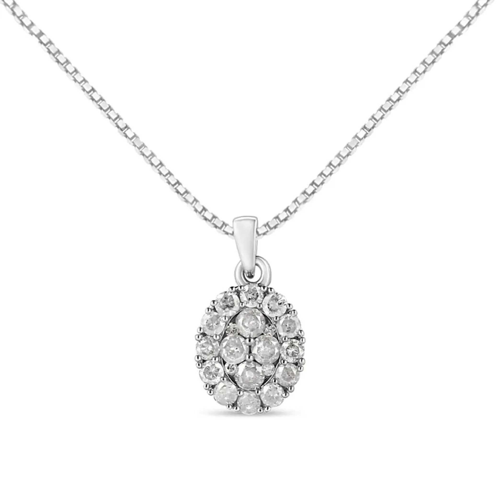 .925 Sterling Silver 1 1/2 Cttw Diamond Oval Cluster Pendant Necklace (I-J Color, I2-I3 Clarity) - 18"