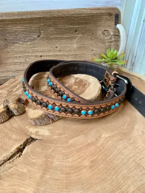 American Darling Hand Tooled Leather Turquoise Adjustable Purse Strap