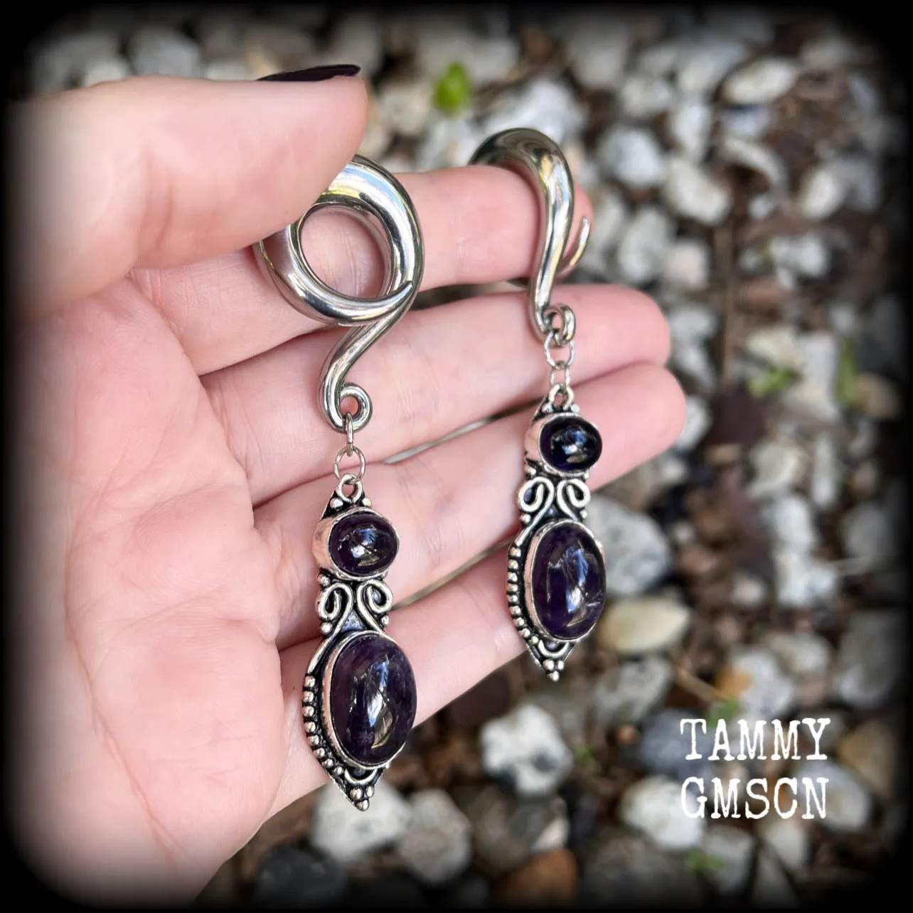 Amethyst ear gauges-Gauged earrings