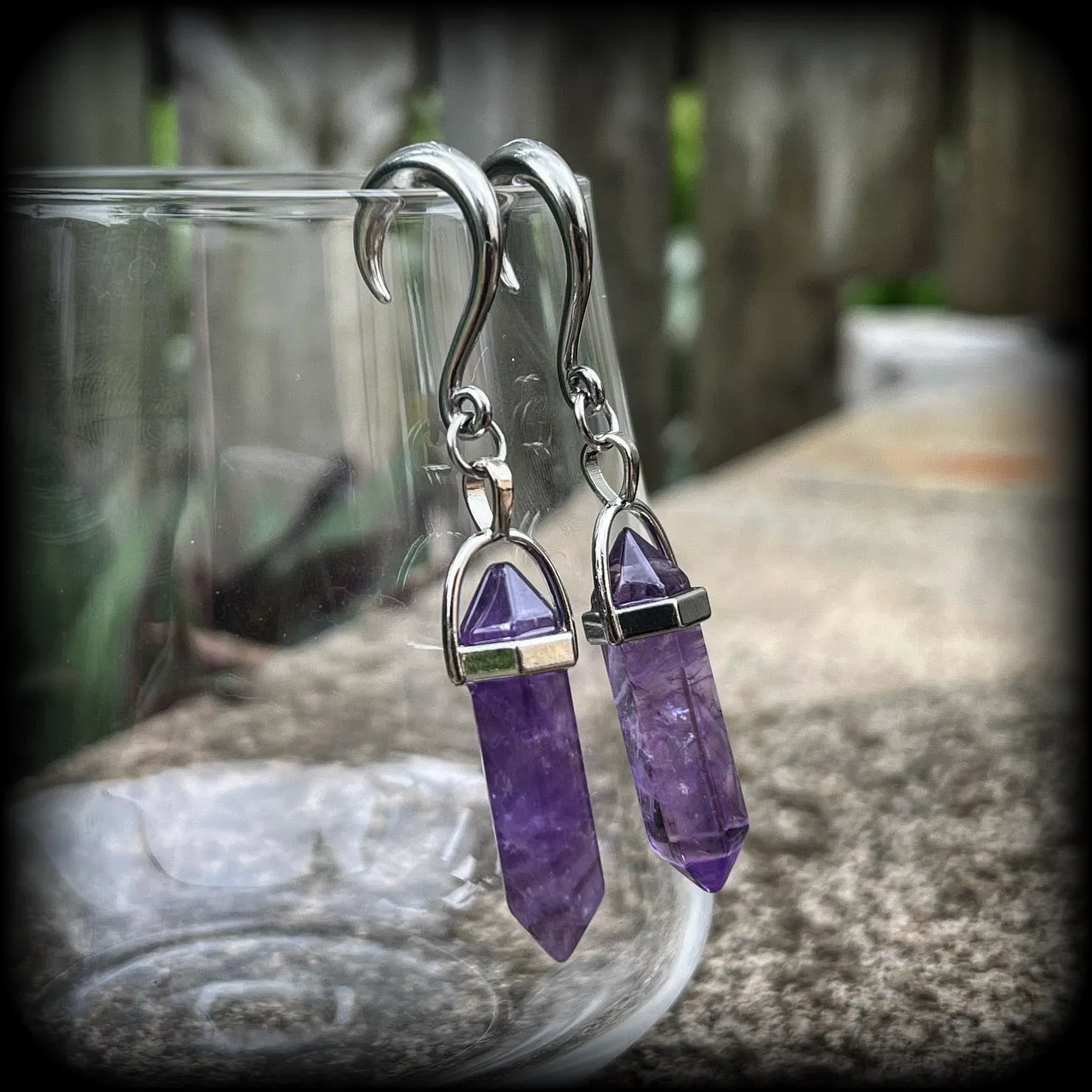 Amethyst gauged earrings-Gemstone ear hangers