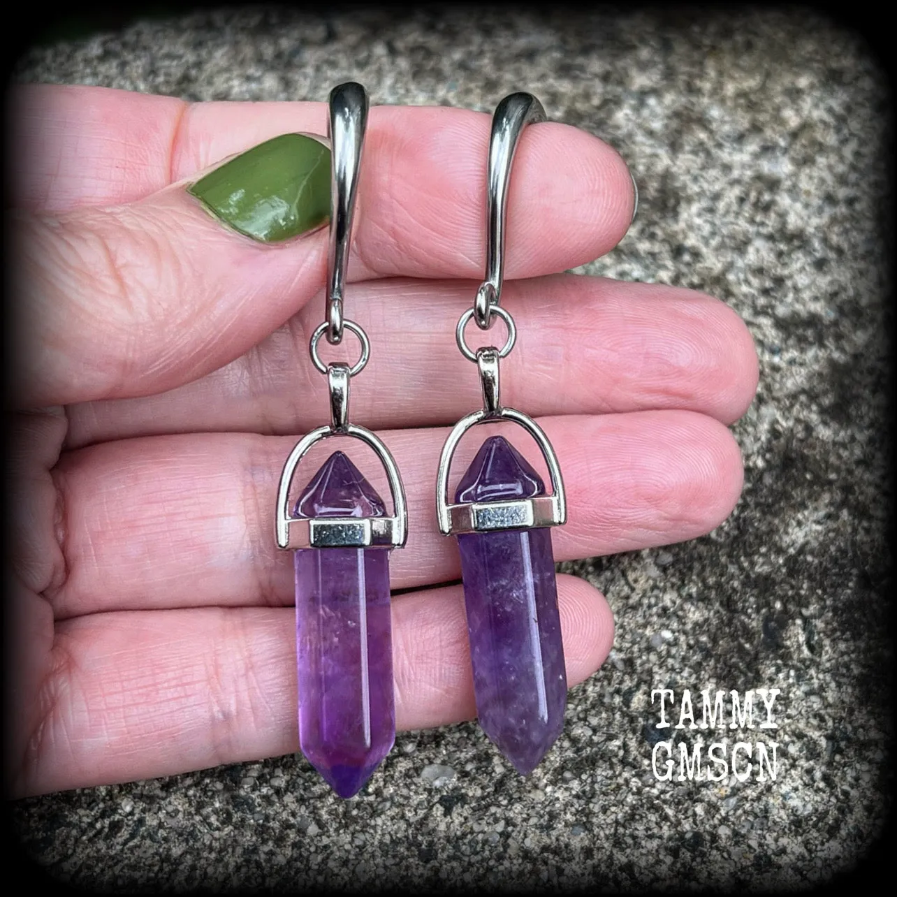 Amethyst gauged earrings-Gemstone ear hangers