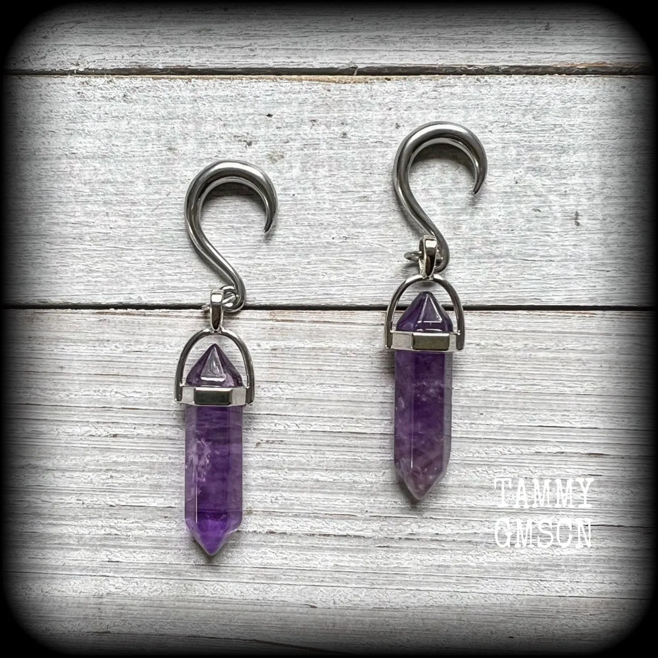 Amethyst gauged earrings-Gemstone ear hangers