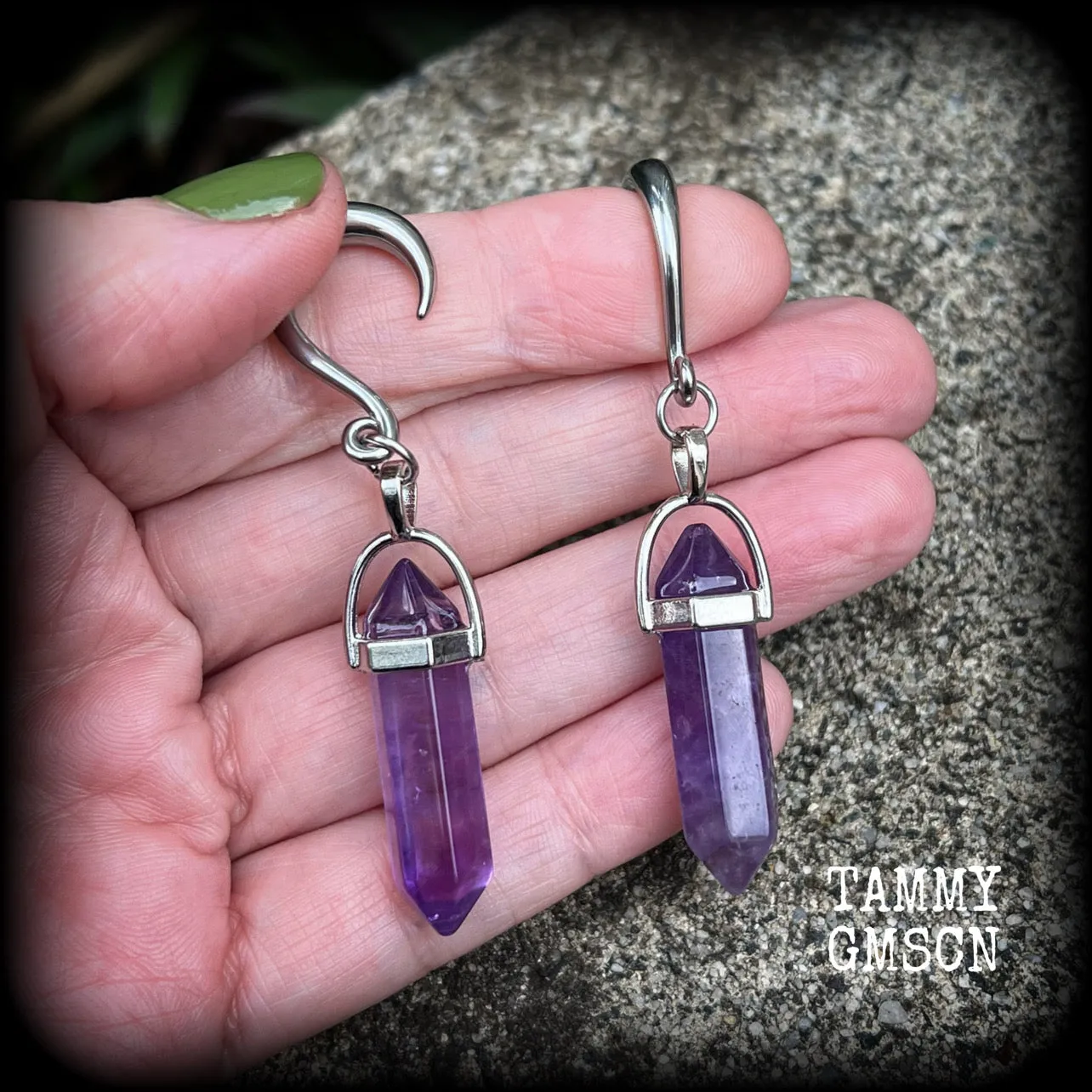 Amethyst gauged earrings-Gemstone ear hangers