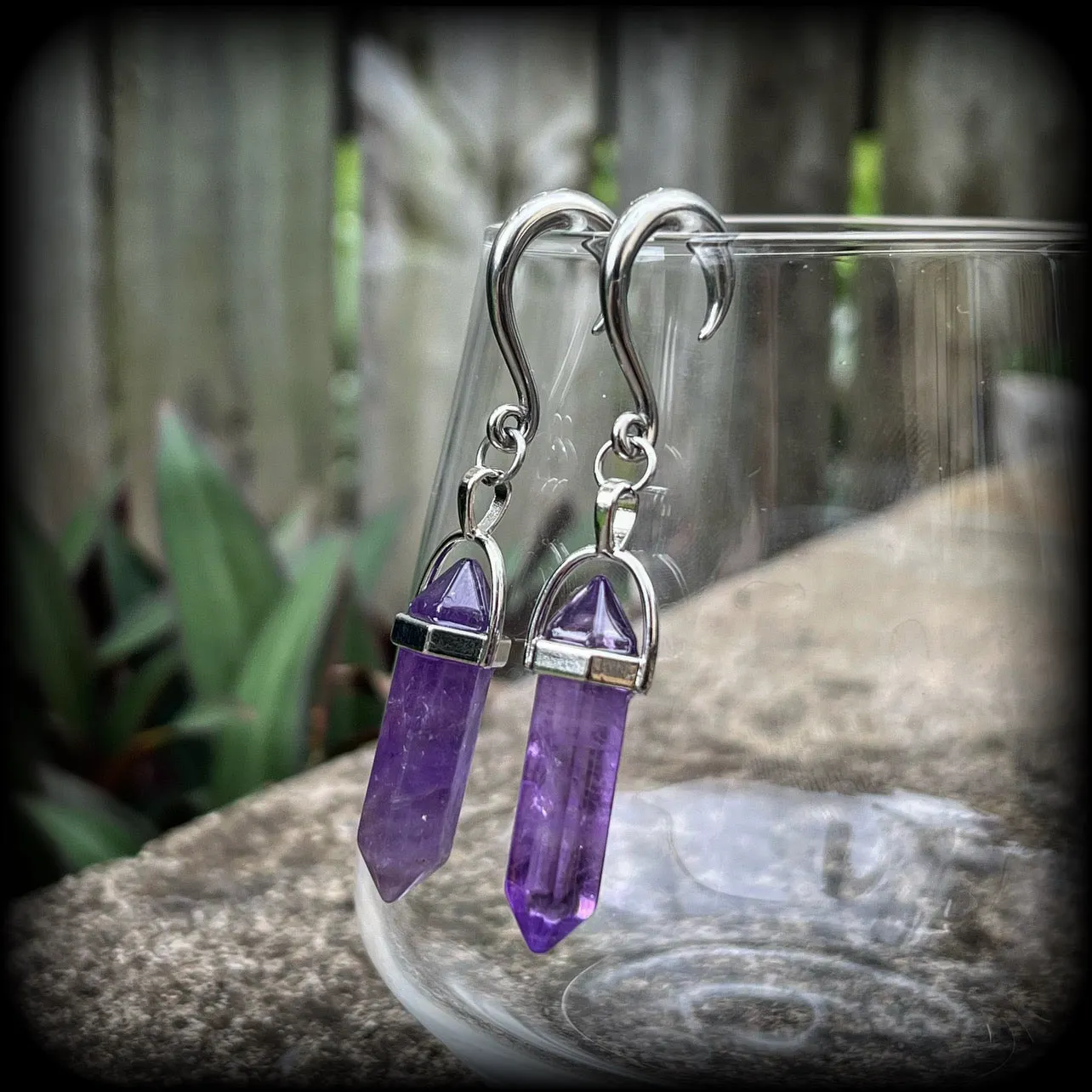 Amethyst gauged earrings-Gemstone ear hangers