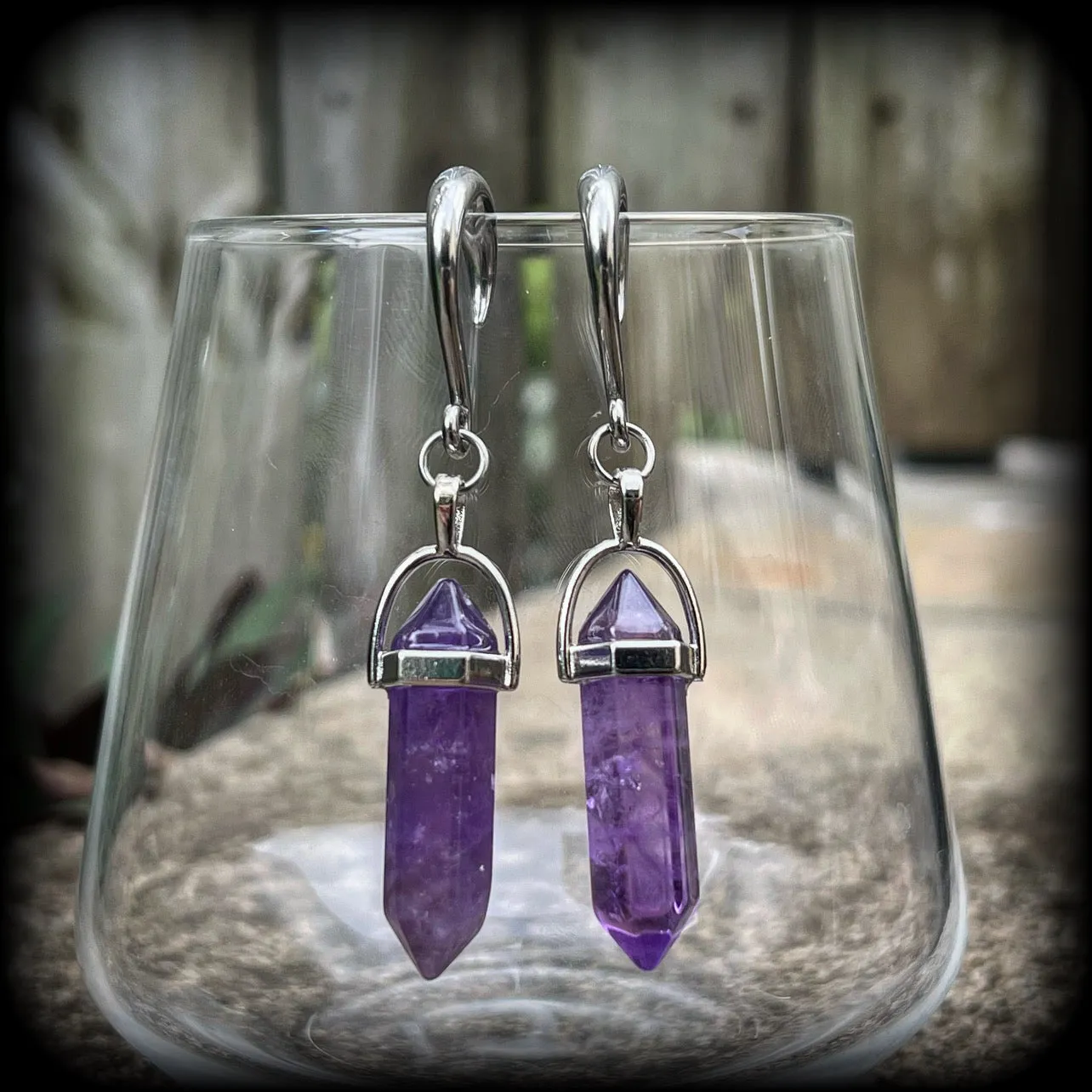 Amethyst gauged earrings-Gemstone ear hangers