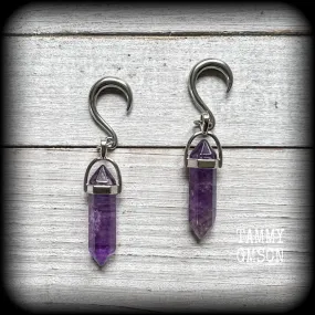 Amethyst gauged earrings-Gemstone ear hangers