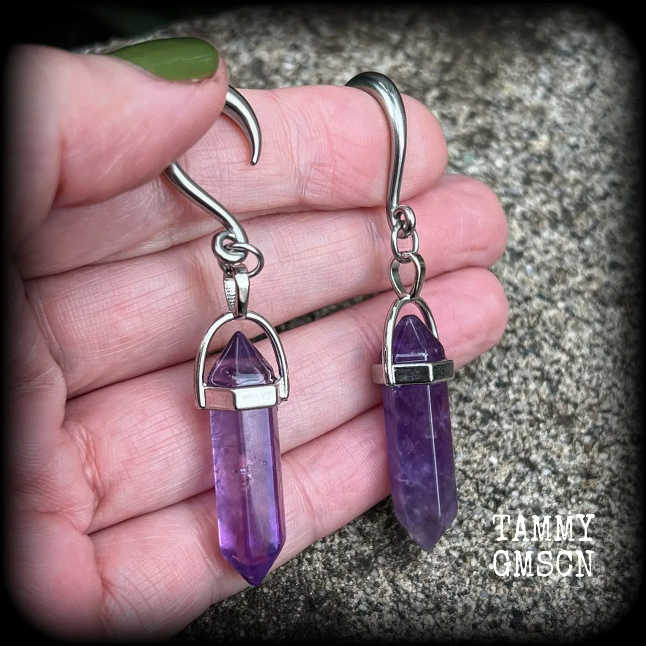 Amethyst gauged earrings-Gemstone ear hangers