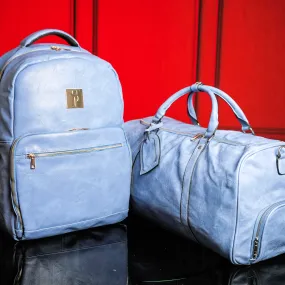 Baby Blue Tumbled Leather 2 Bag Set (Commuter and Duffle)