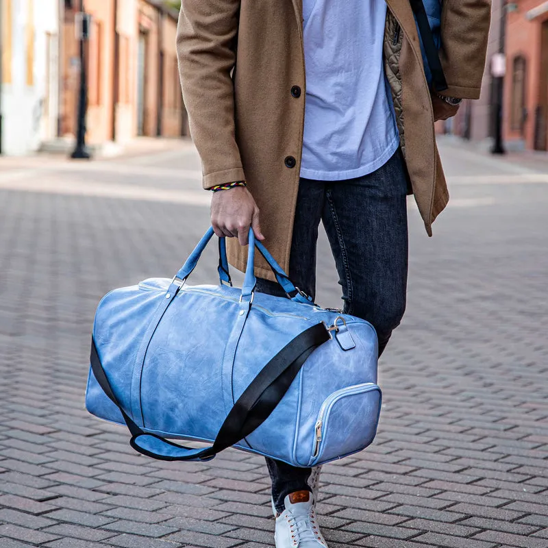 Baby Blue Tumbled Leather 2 Bag Set (Commuter and Duffle)