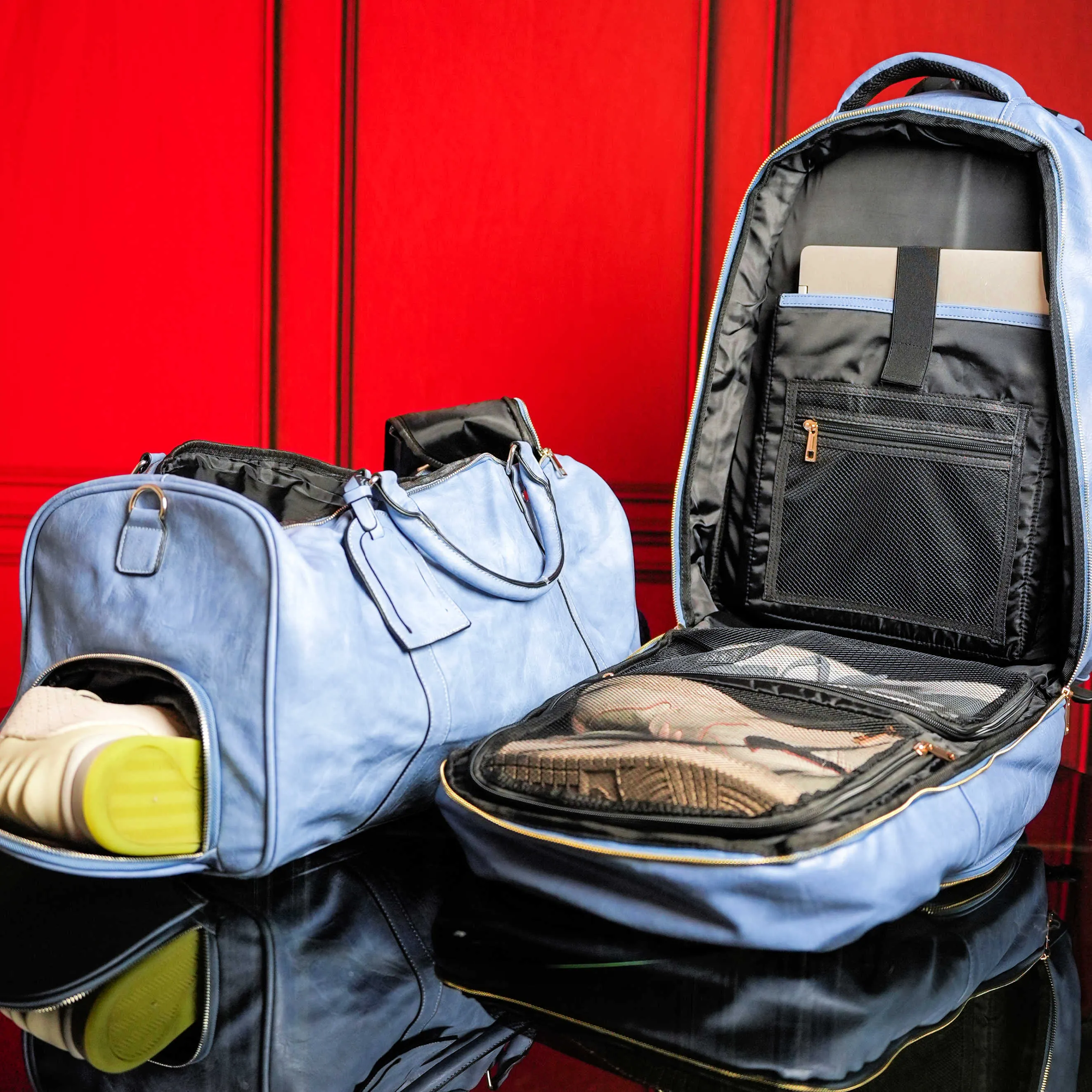 Baby Blue Tumbled Leather 2 Bag Set (Commuter and Duffle)