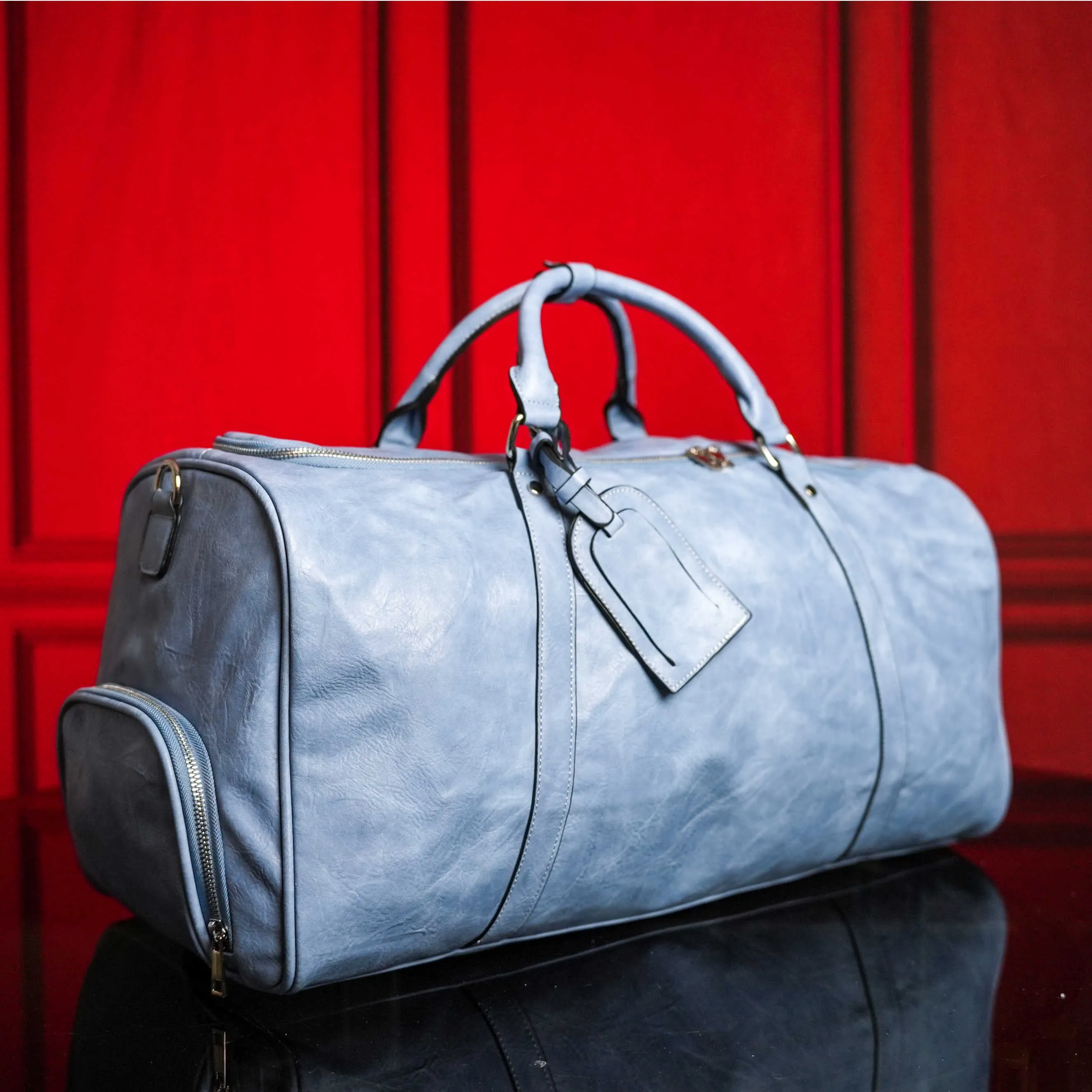 Baby Blue Tumbled Leather 2 Bag Set (Commuter and Duffle)