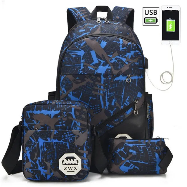 Backpacks USB Charging Backpacks For Teenager 3Pcs/Set   Shoulder School Bags Mochila Travel Bags