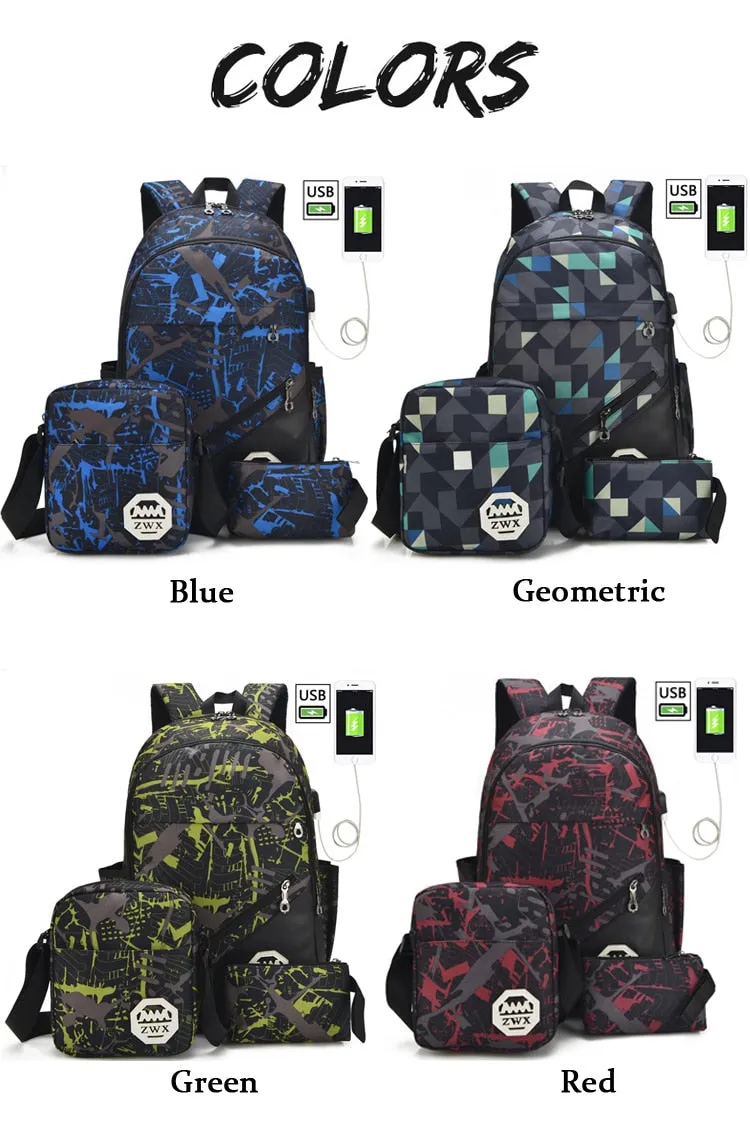 Backpacks USB Charging Backpacks For Teenager 3Pcs/Set   Shoulder School Bags Mochila Travel Bags