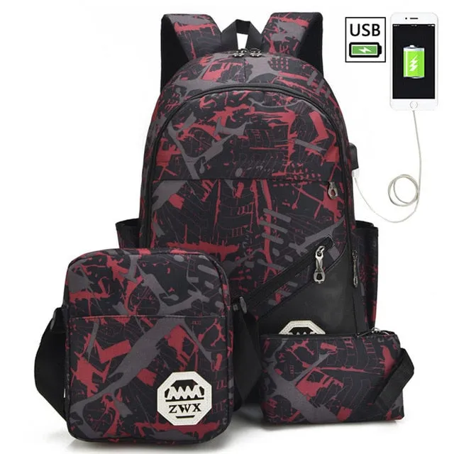 Backpacks USB Charging Backpacks For Teenager 3Pcs/Set   Shoulder School Bags Mochila Travel Bags