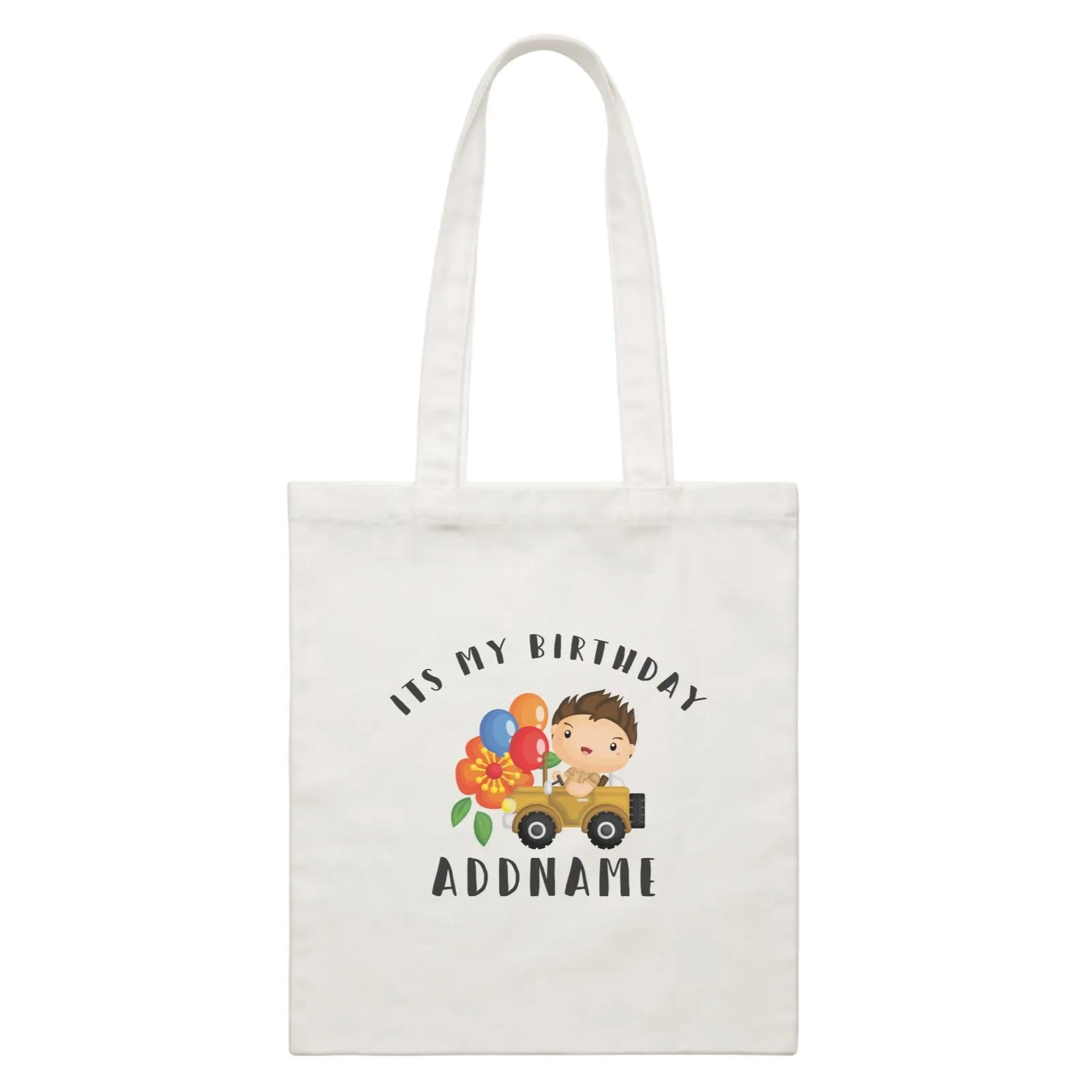 Birthday Safari Explorer Boy Driving Jeep Car It's My Birthday Addname White Canvas Bag