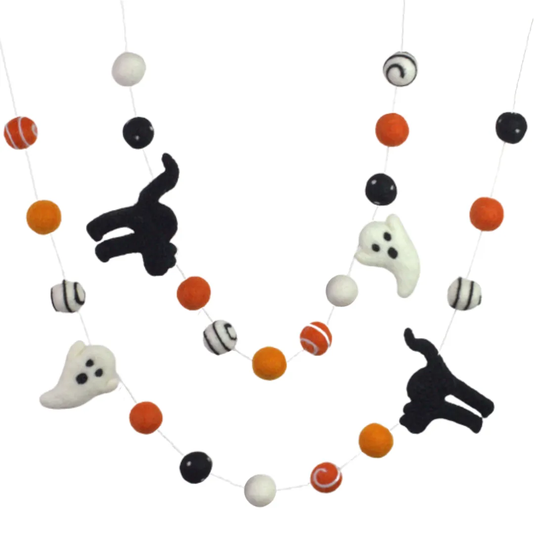 Black Cat & Ghost Halloween Garland- Orange, Black & White, Swirls & Dots