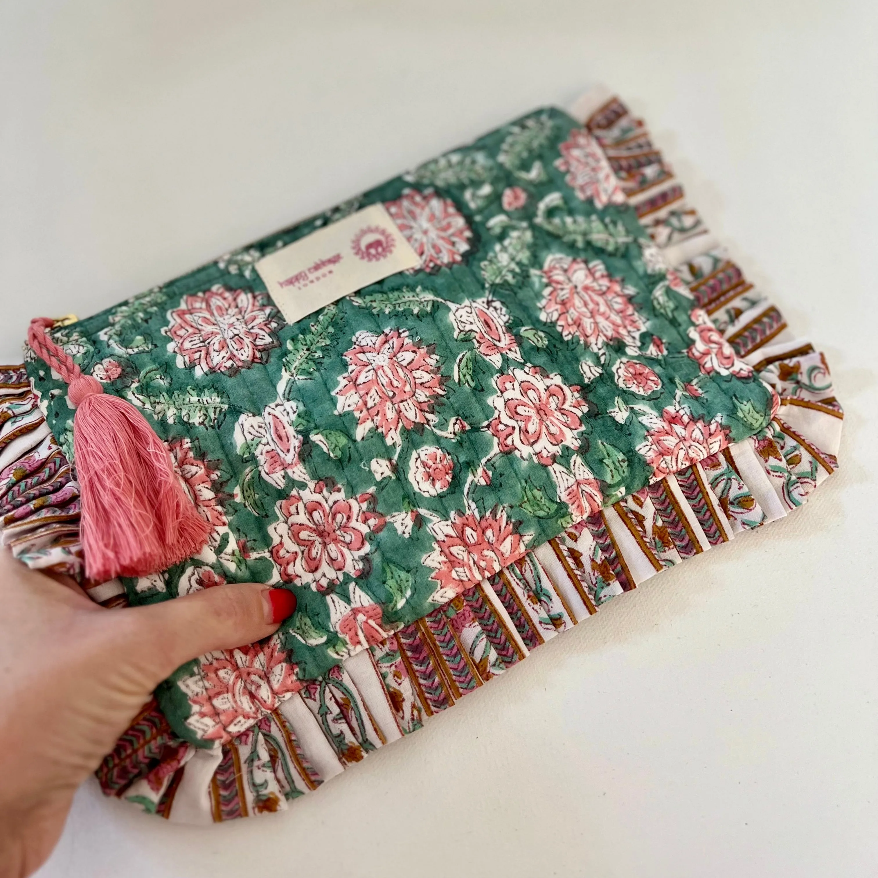 Block Printed Cotton Pouch - Pale Green & Pink