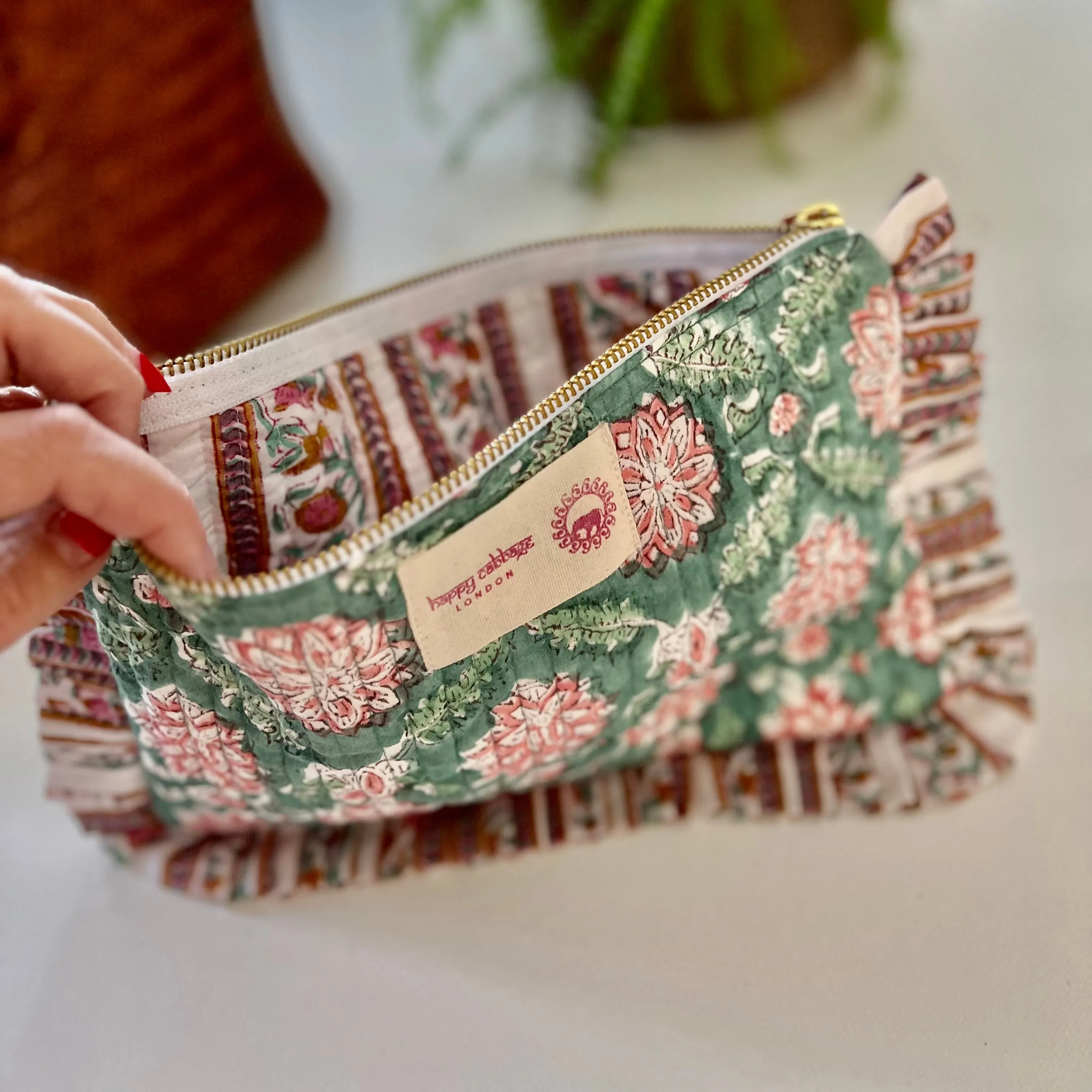 Block Printed Cotton Pouch - Pale Green & Pink