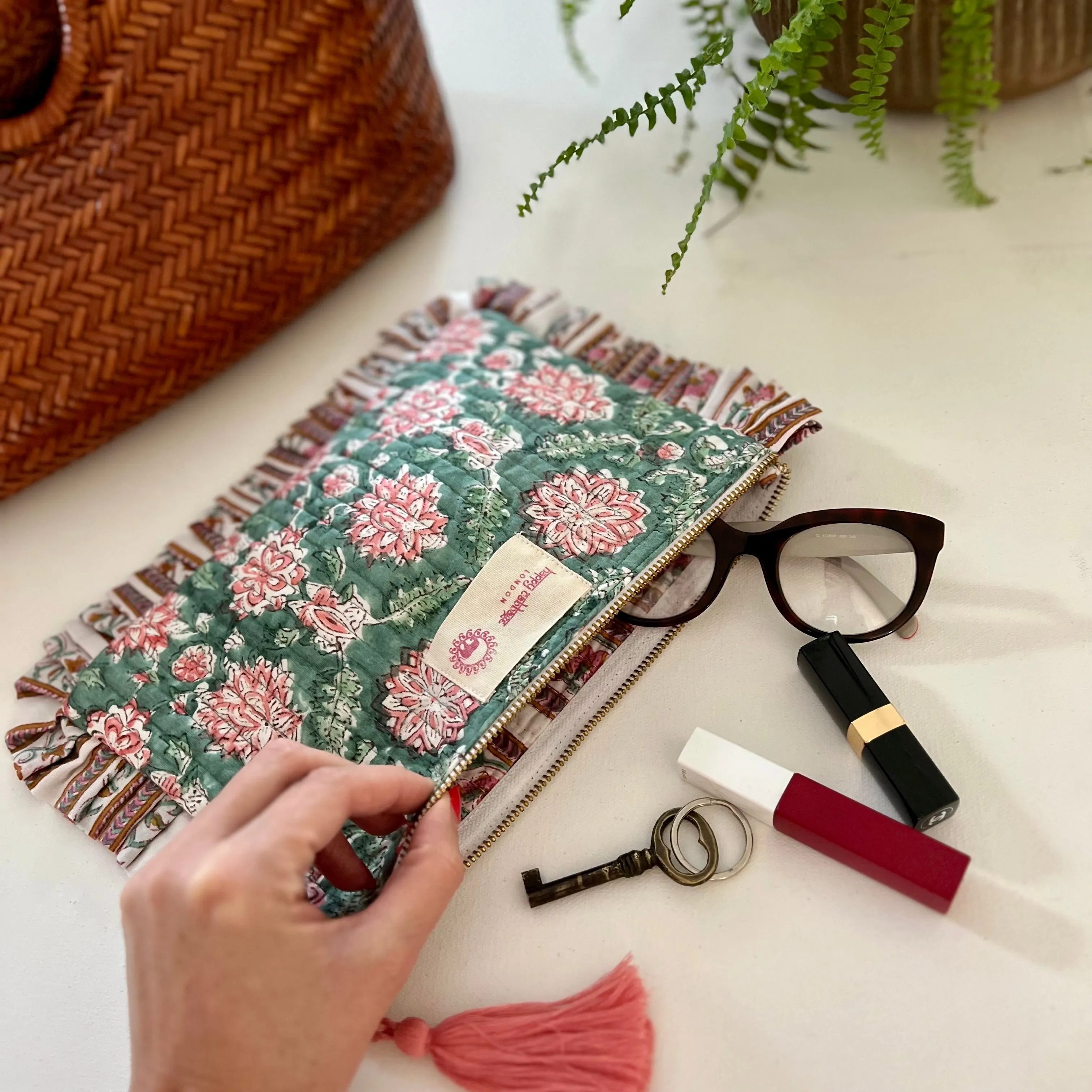 Block Printed Cotton Pouch - Pale Green & Pink