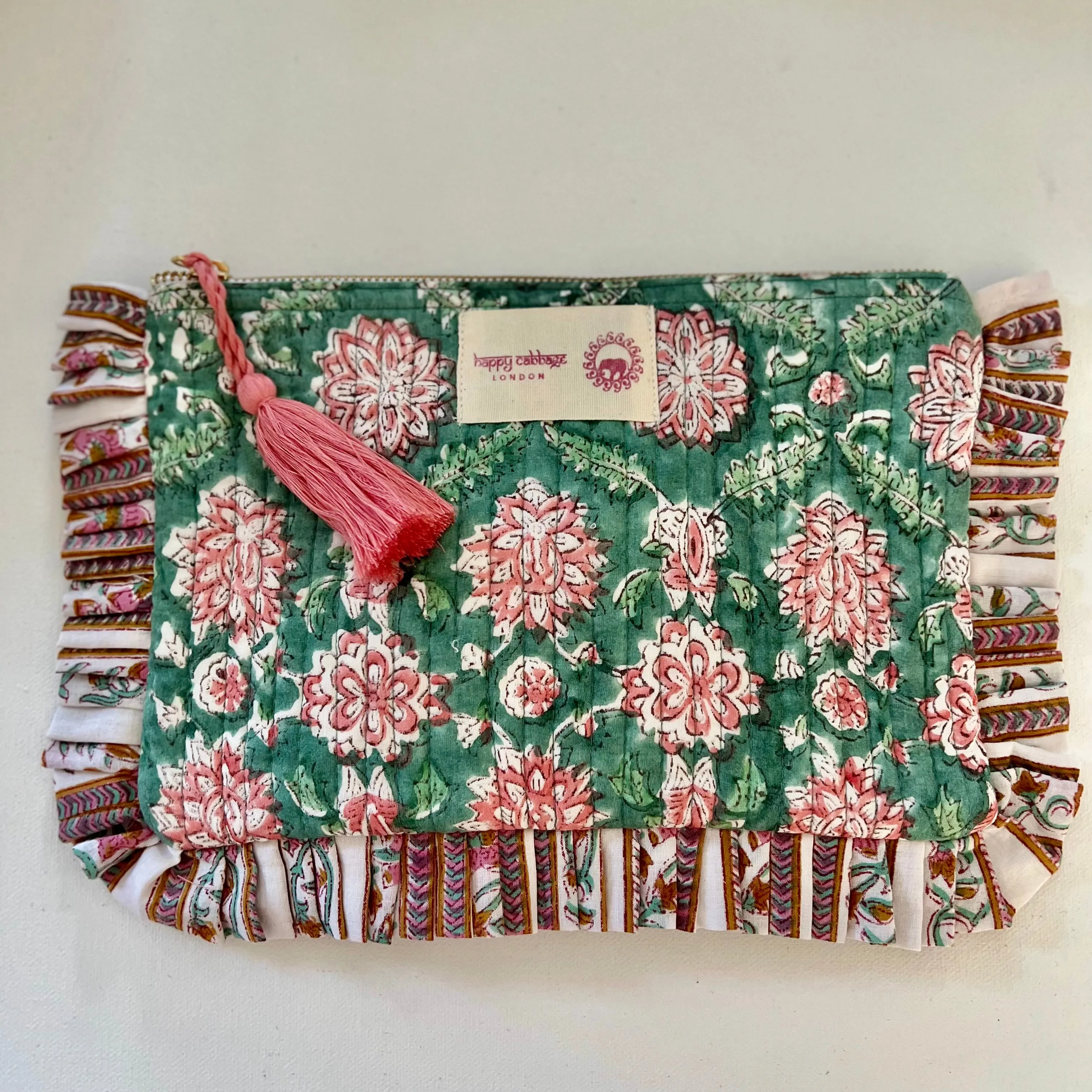 Block Printed Cotton Pouch - Pale Green & Pink