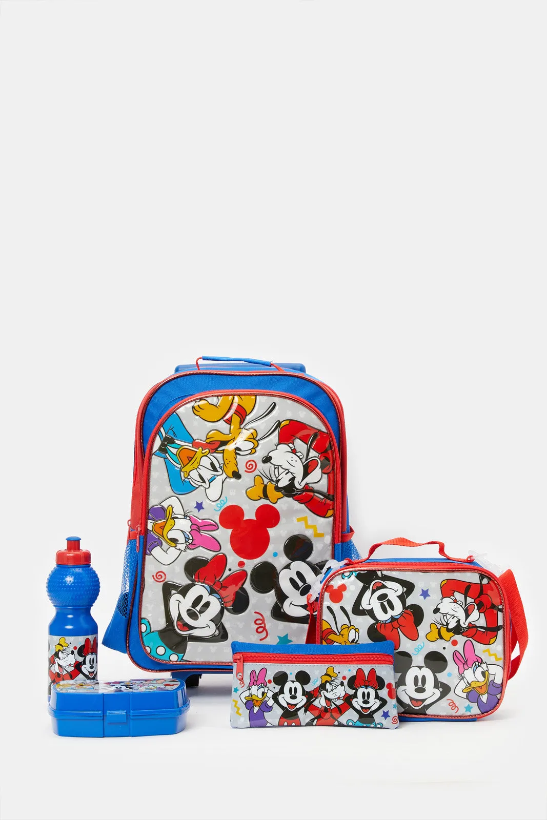 Boys Blue Mickey Mouse Print Trolley Set (5 Piece)