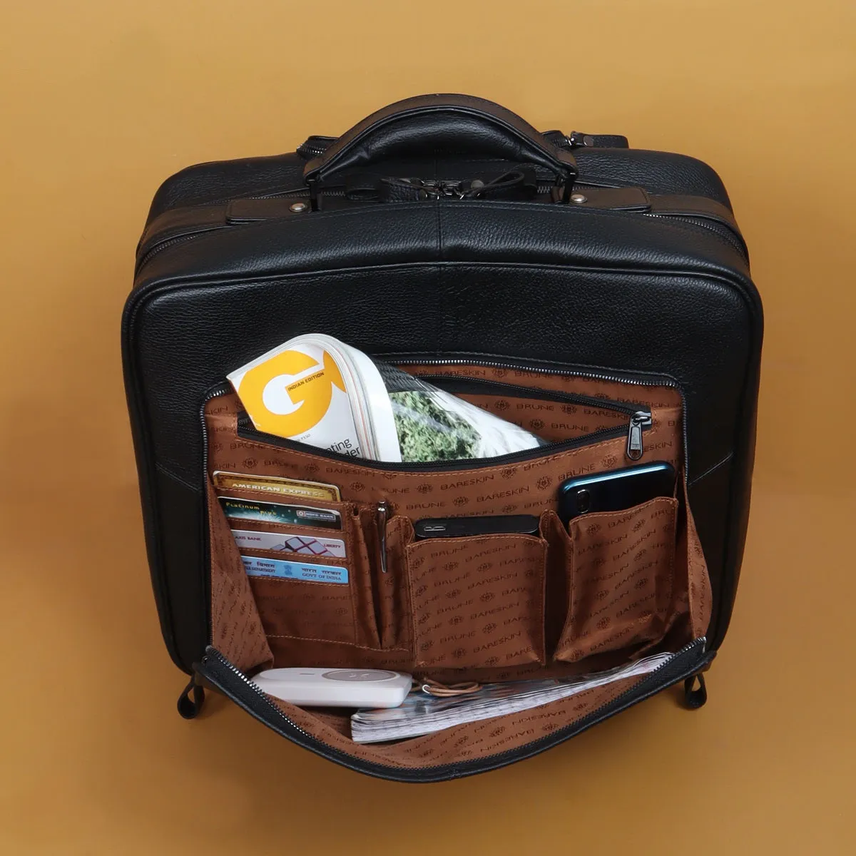 Cabin Luggage Trolley Bag In Black Textured Leather