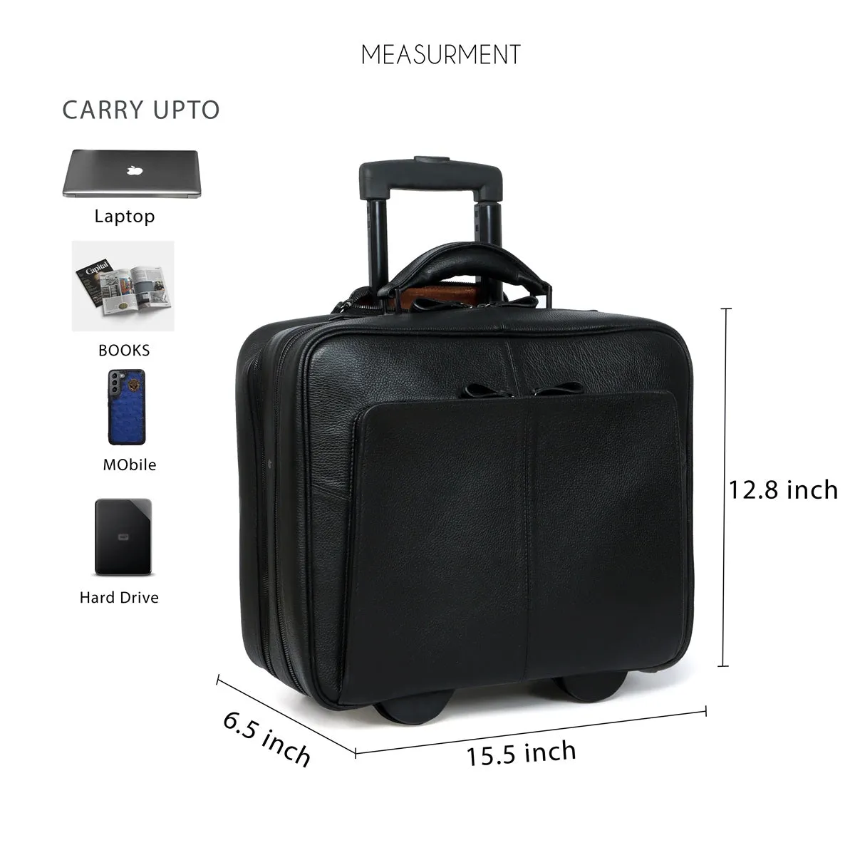 Cabin Luggage Trolley Bag In Black Textured Leather