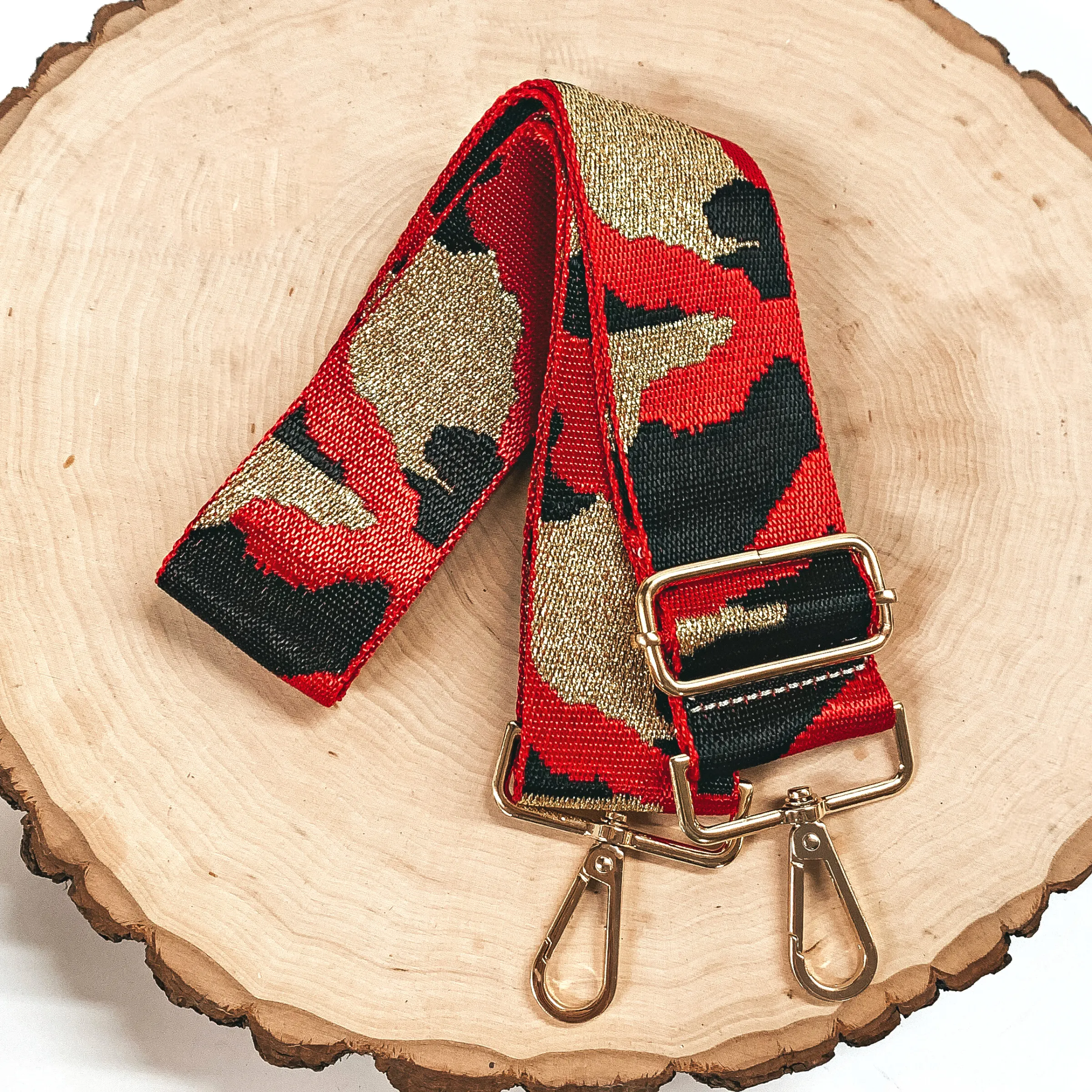 Camo Print Adjustable Purse Strap in Red, Gold, and Black