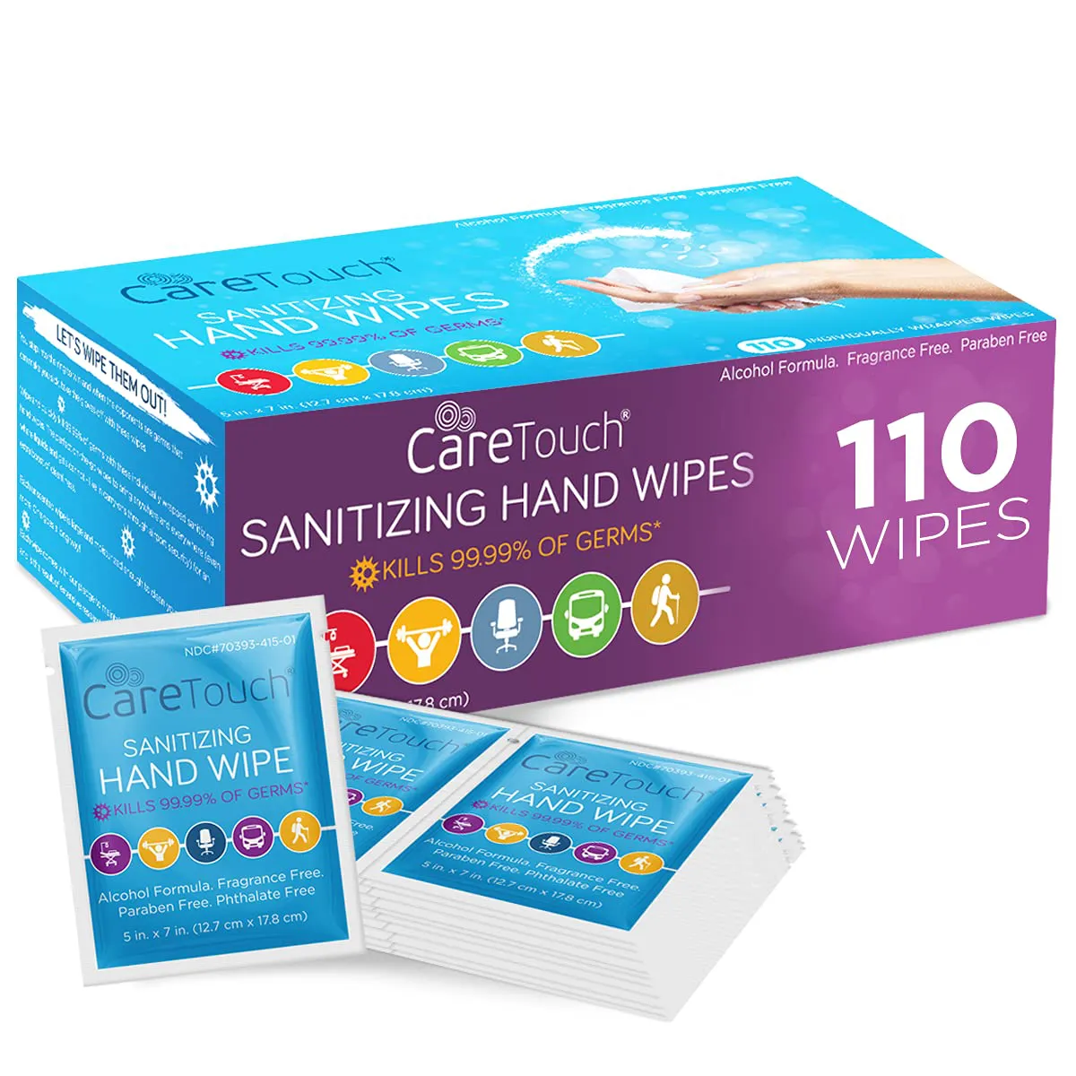 Care Touch Hand Sanitizer Wipes – 220 Individually Wrapped Packets (Box of 2, 110 Wipes Each)