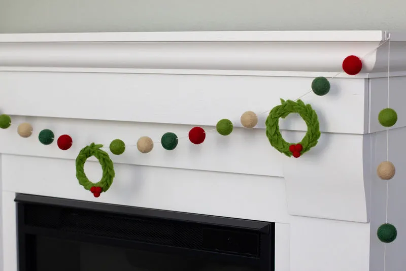 Christmas Wreath Felt Garland- Red Green Cream