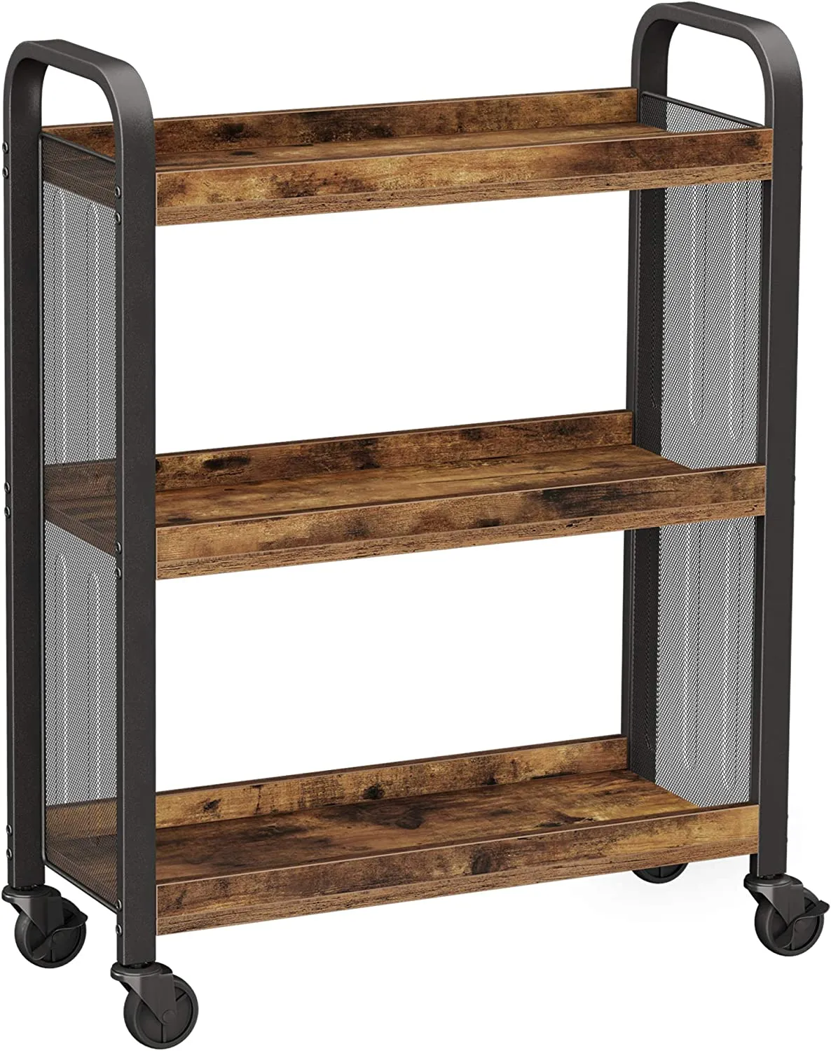 Compact Rustic Brown Kitchen Trolley Cart, 3 Shelves, Steel Frame