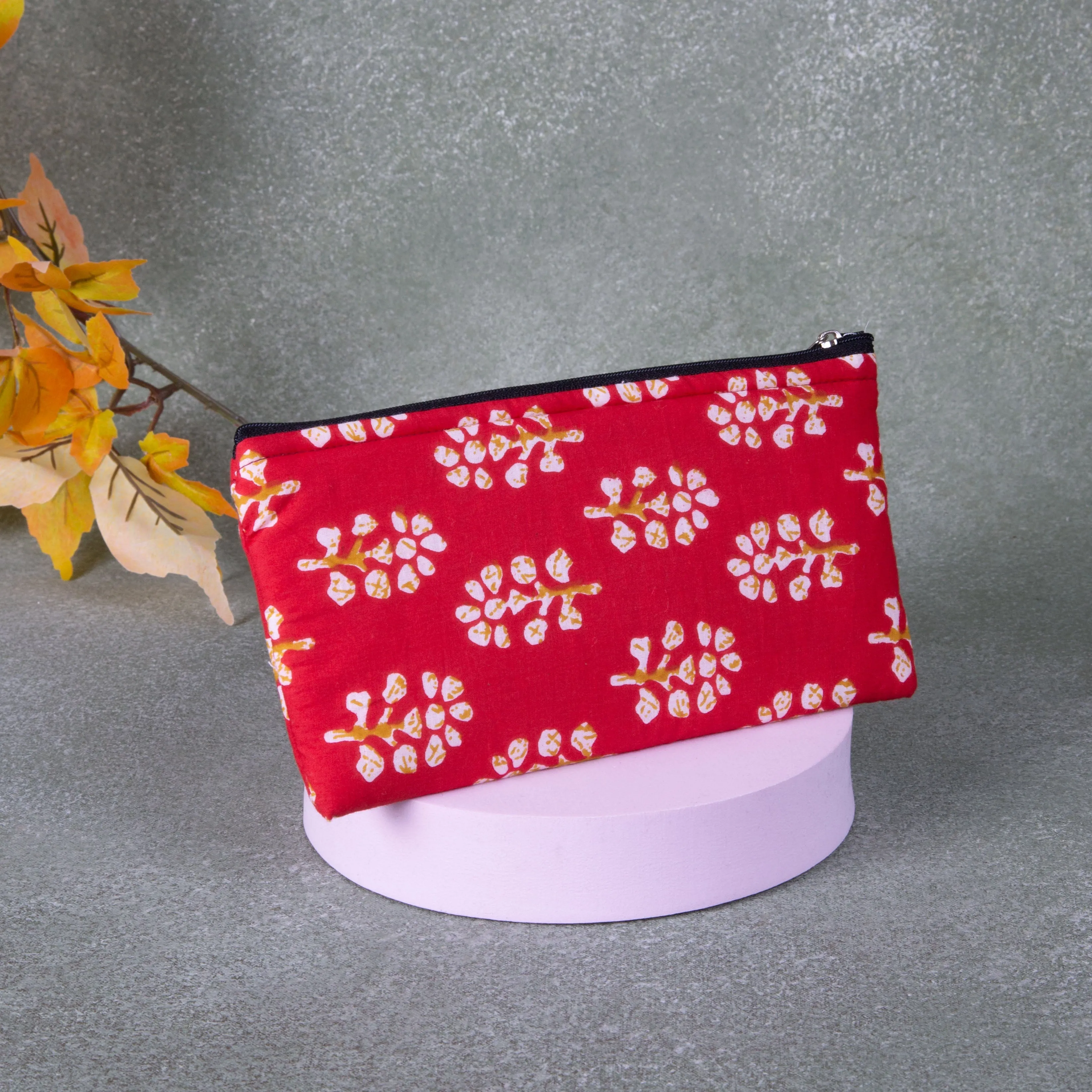 Cotton Purse Red Colour Yellow Flower Design.