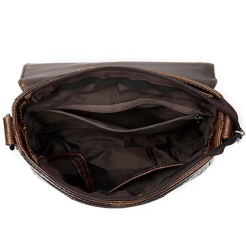 CrocEmbossed Luxe Leather Zipper Crossbody Messenger Bag