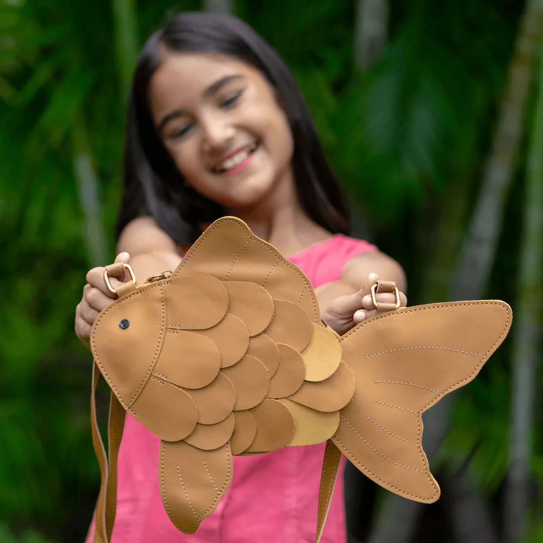 Dory Fish Crossbody Bag for Kids | Vegan Leather | Bronze Sand Color | Velvet Lining