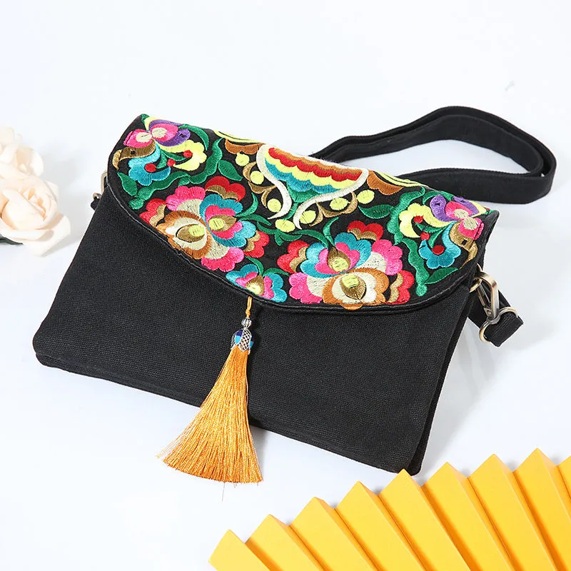 Embroidered Canvas Satchel Women's Single Shoulder Mini Messenger Bag Embroidered Bag