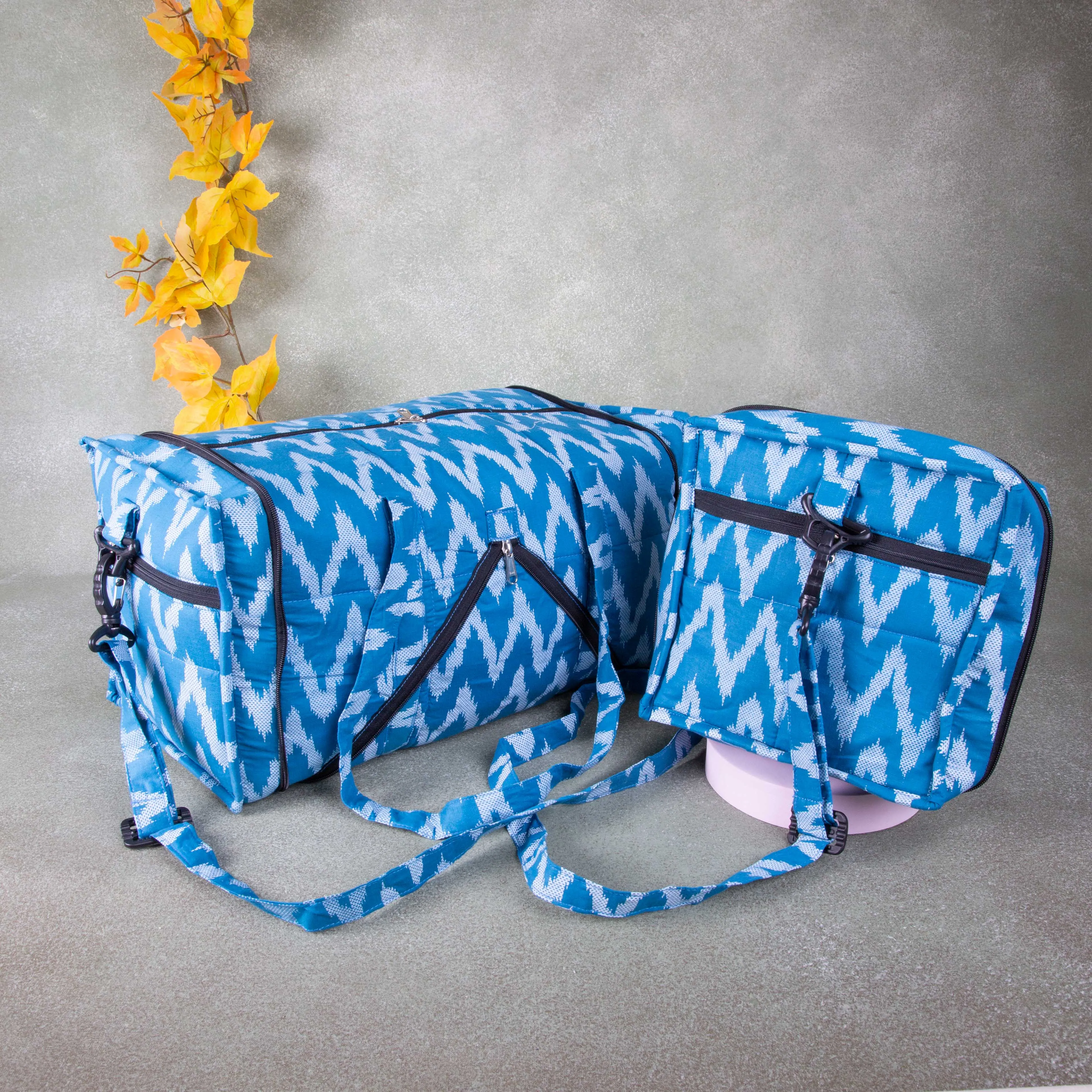 Expandable Travel Bag Blue with white zig zag Design