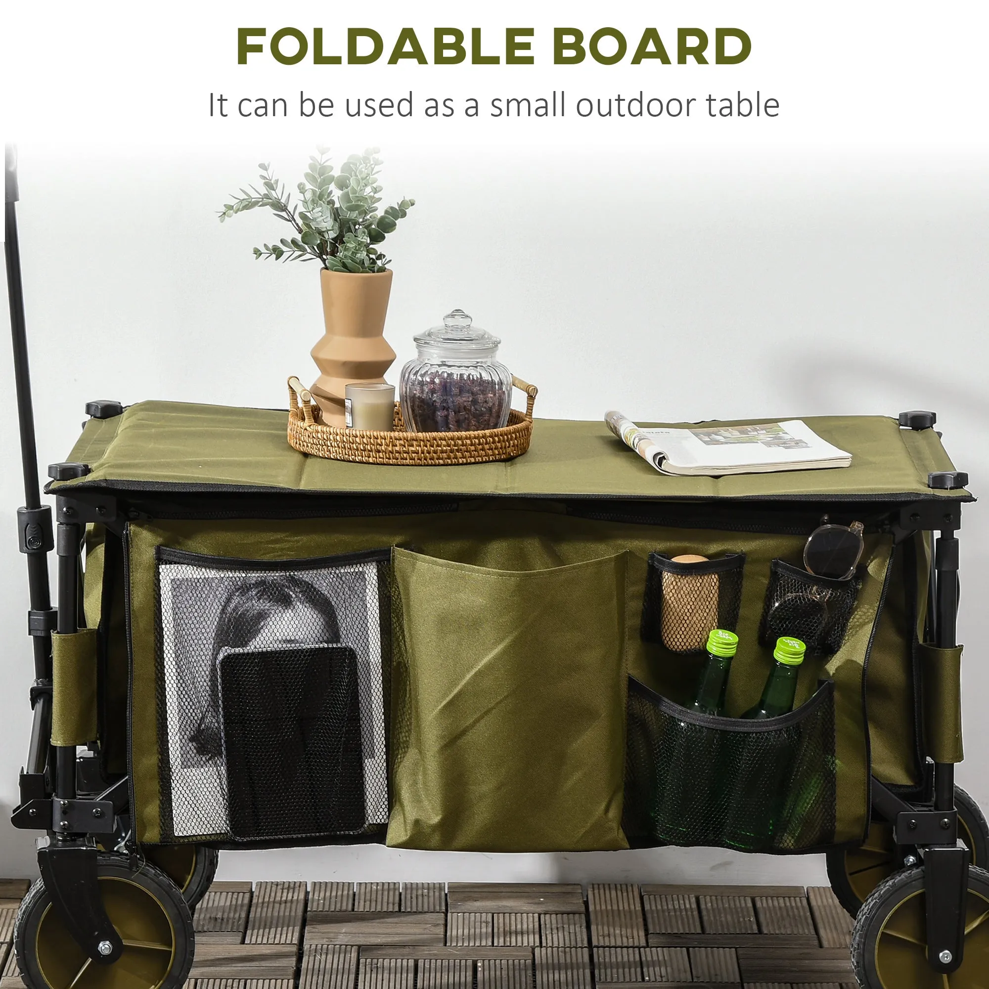 Folding Garden Trolley on Wheels, Collapsible Camping Trolley with Folding Board, Outdoor Utility Wagon with Steel Frame Oxford Fabric Green