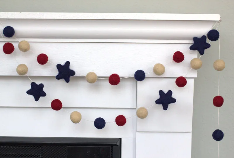 Fourth of July Felt Ball & Star Garland- Burgundy, Navy, Almond