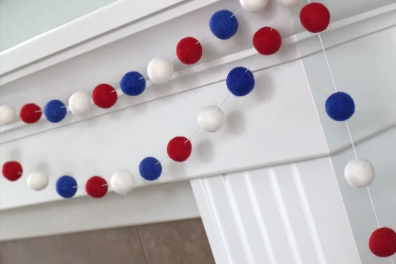 Fourth of July Felt Ball Garland- Royal Red, White & Blue