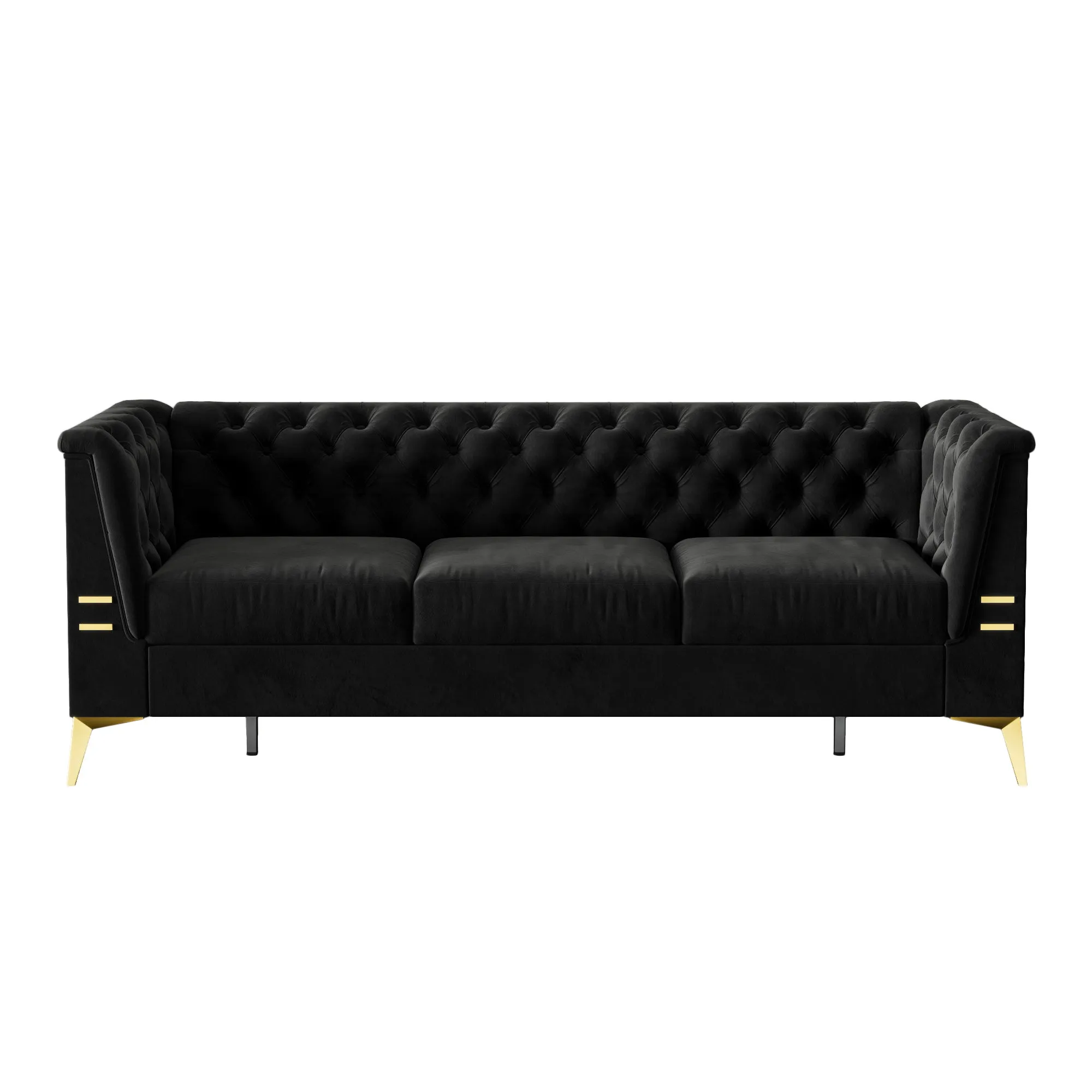 FX-P83-BK2(SOFA) Luxurious Black Velvet Sofa with Gold Legs - Modern Chesterfield Design, Tufted Upholstery, 3-Seat Couch for Living Room and Office