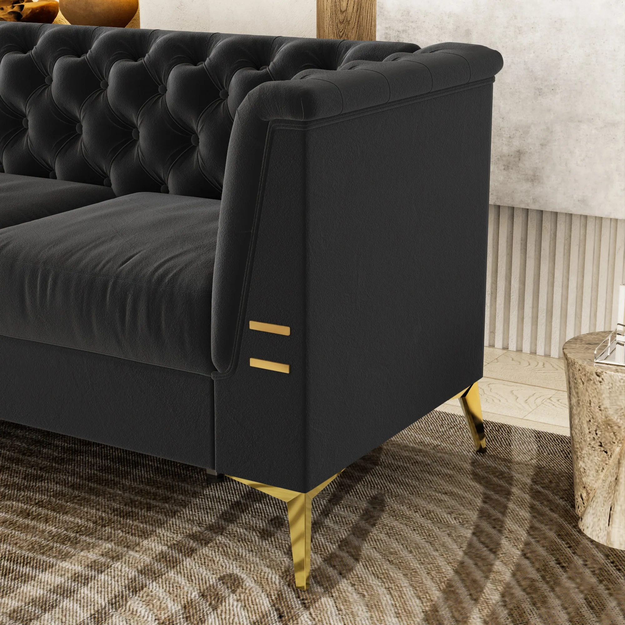 FX-P83-BK2(SOFA) Luxurious Black Velvet Sofa with Gold Legs - Modern Chesterfield Design, Tufted Upholstery, 3-Seat Couch for Living Room and Office