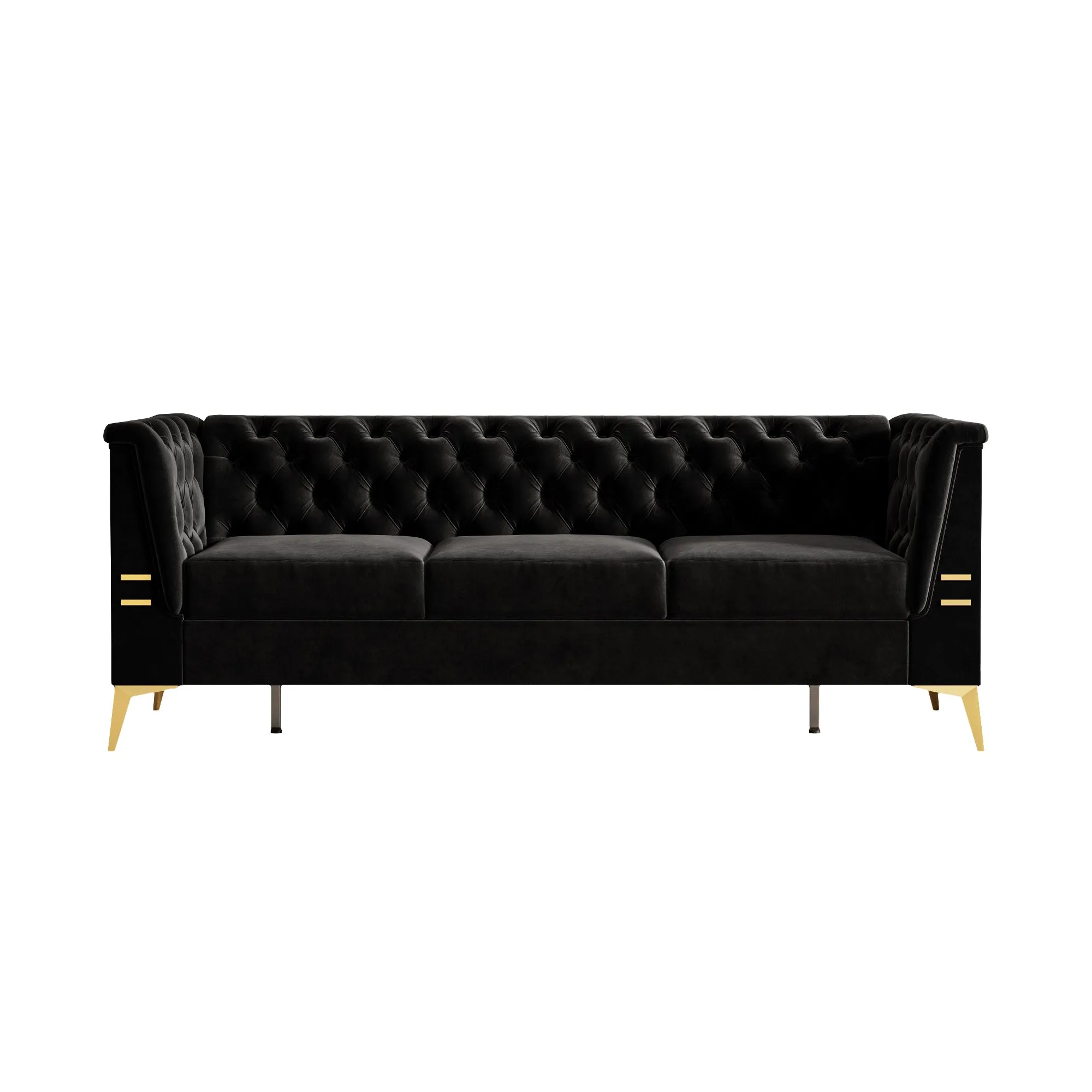 FX-P83-BK2(SOFA) Luxurious Black Velvet Sofa with Gold Legs - Modern Chesterfield Design, Tufted Upholstery, 3-Seat Couch for Living Room and Office