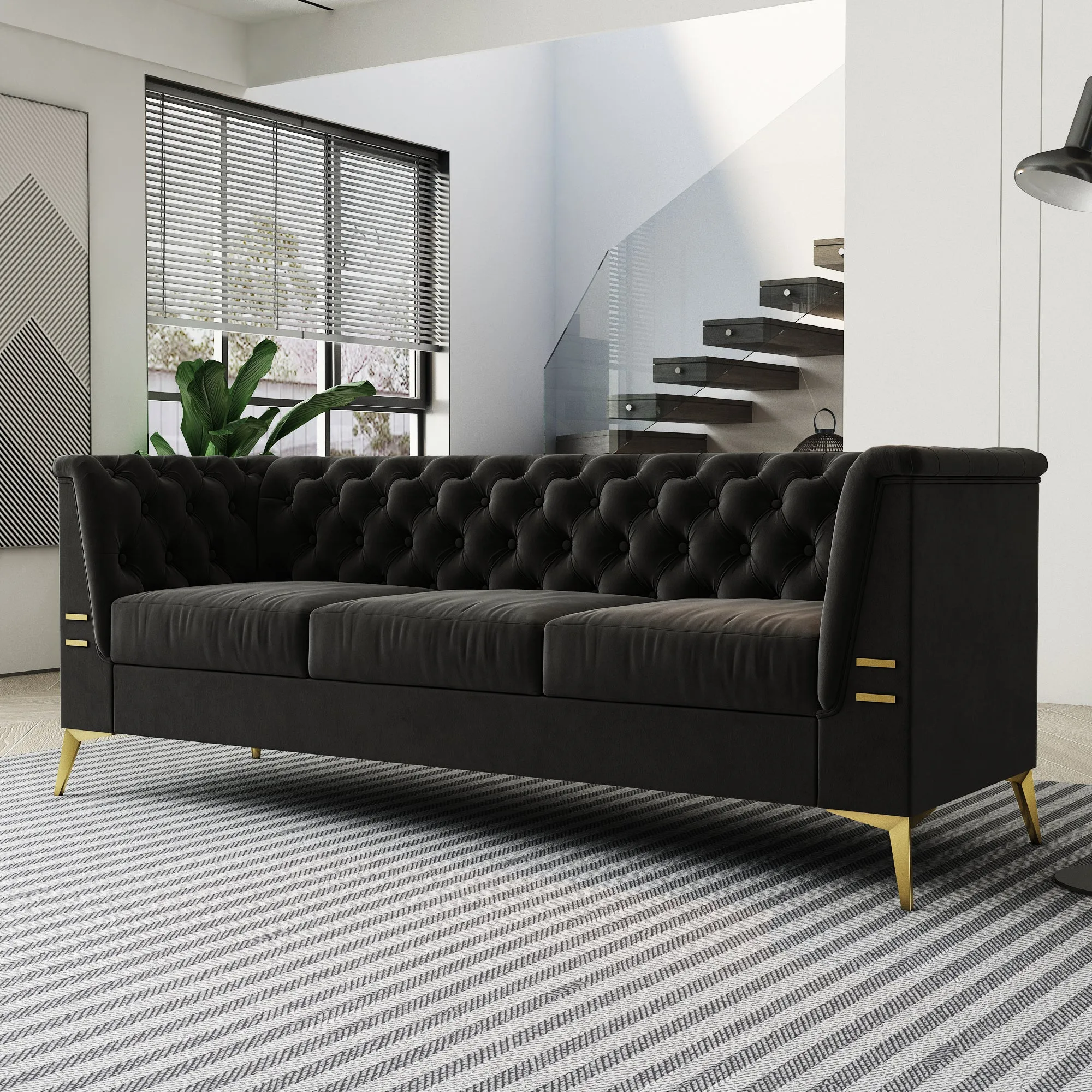 FX-P83-BK2(SOFA) Luxurious Black Velvet Sofa with Gold Legs - Modern Chesterfield Design, Tufted Upholstery, 3-Seat Couch for Living Room and Office