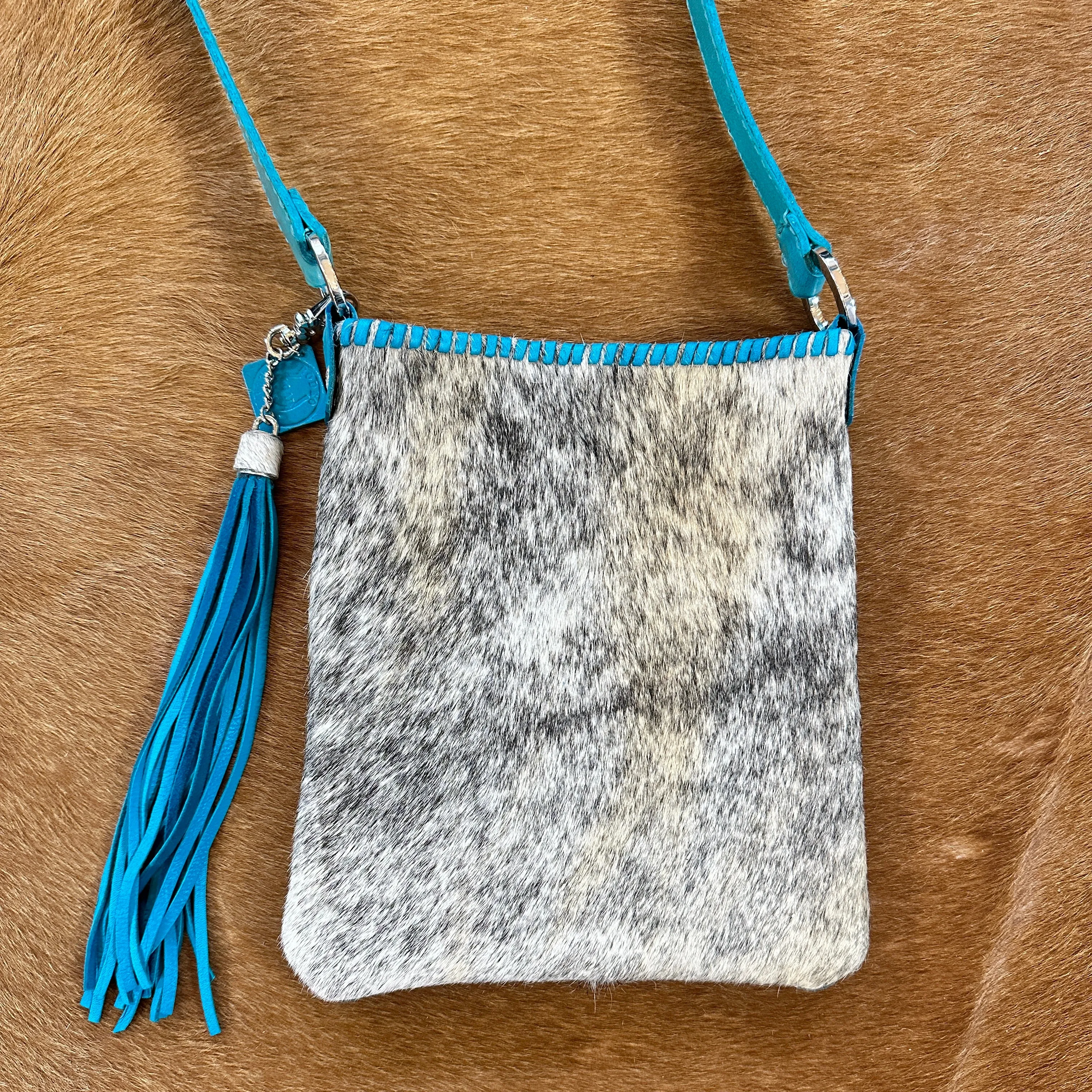 Hand Made Cowhide and Turquoise Leather Purse at Bourbon Cowgirl